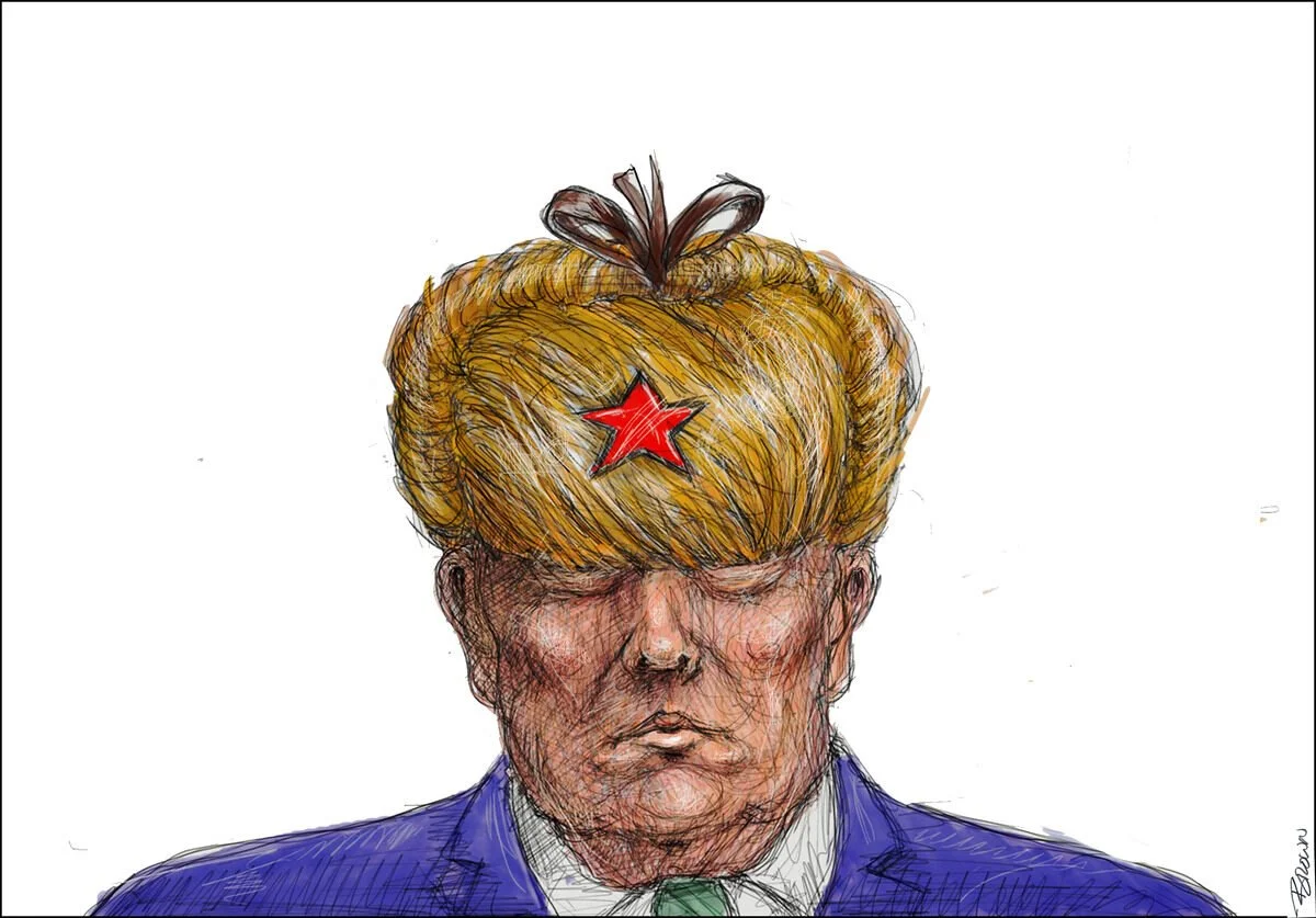 A digitally illustrated portrait of Donald Trump with his eyes closed, wearing a dark suit and a green tie. His hair is styled in a comb-over with a large red star on his forehead. The illustration has a rough, textured style.