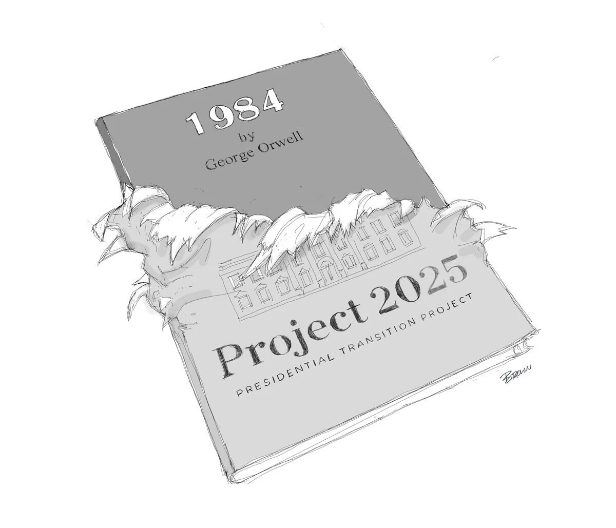A book titled '1984' by George Orwell with a torn cover, revealing the title 'Project 2025 Presidential Transition Project' underneath.