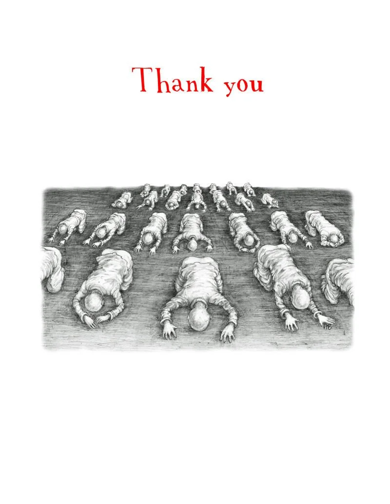Sketch of numerous lifeless bodies lying face down on the ground in rows, with a large 'Thank you' written above.