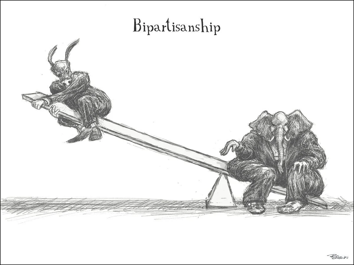Sketch of a seesaw with two anthropomorphic rhinos sitting on opposite ends, both wearing suits, with the word "Bipartisanship" written above.