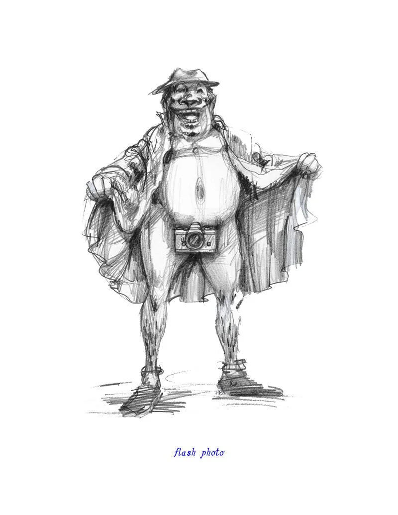 A humorous sketch of a humanoid pig dressed as an explorer or photographer, wearing a hat and an open coat, with a camera hanging around its neck.