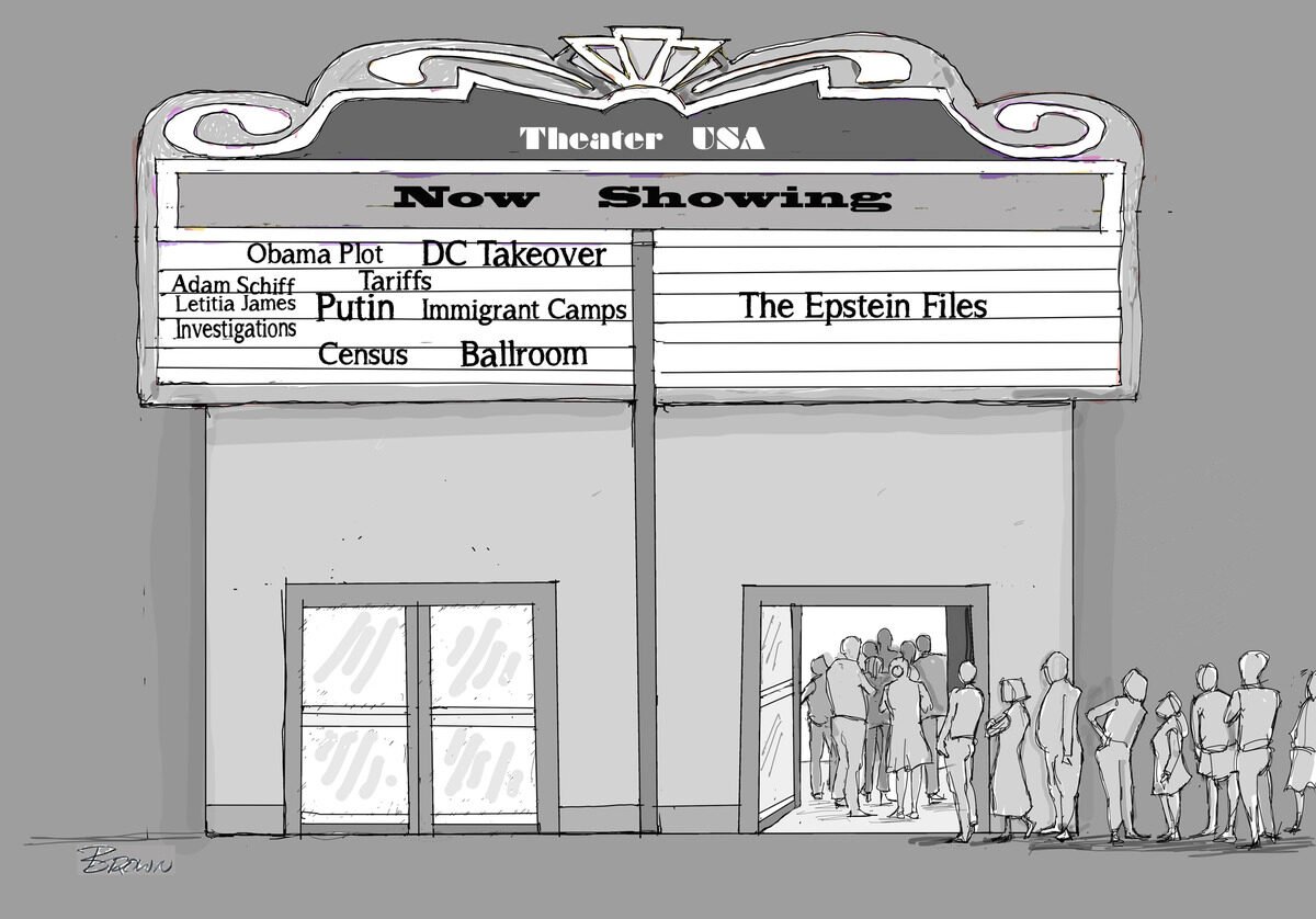 Drawing of a movie theater marquee with the text "Theater USA" and a list of films and topics for now showing, including "Obama Plot," "DC Takeover," "Putin," "The Epstein Files," and other titles. There is a line of people gathering at the entrance.