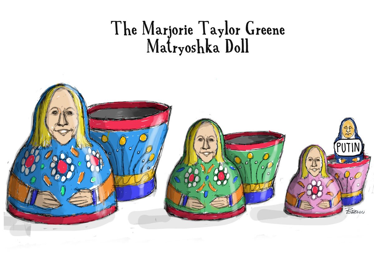 Illustration of Marjorie Taylor Greene's face depicted on Matryoshka dolls with varying sizes, the smallest doll has a label reading 'PUTIN' and resembles Vladimir Putin.