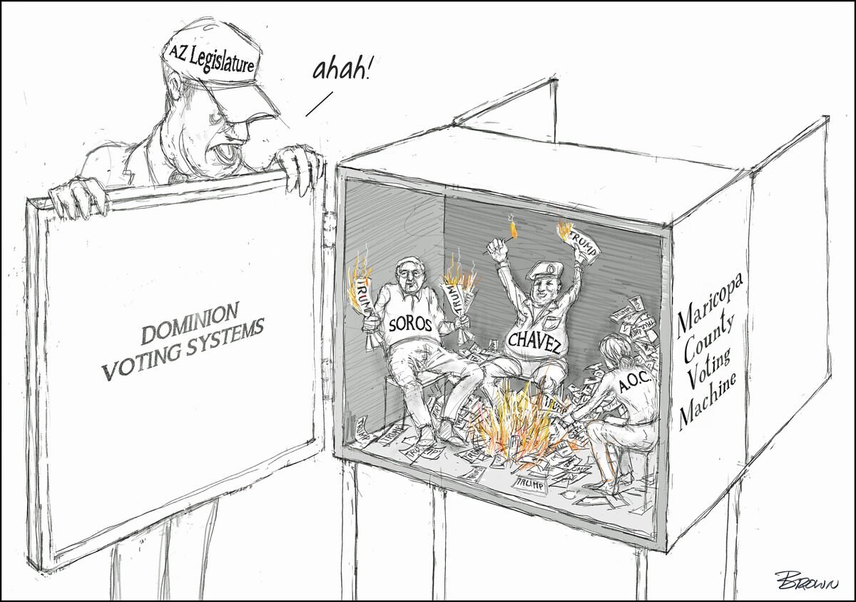 A political cartoon depicting a person with a hat labeled 'AZ Legislature' opening a voting system labeled 'Dominion Voting Systems.' Inside, there are figures representing figures like Soros, Chavez, and AOC holding flaming torches, with papers on t