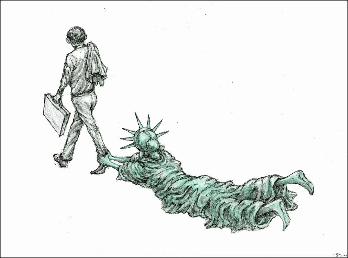 A person in business attire holding a briefcase walks away from the Statue of Liberty, which is depicted as a giant worm with a spiked crown, lying face down on the ground.