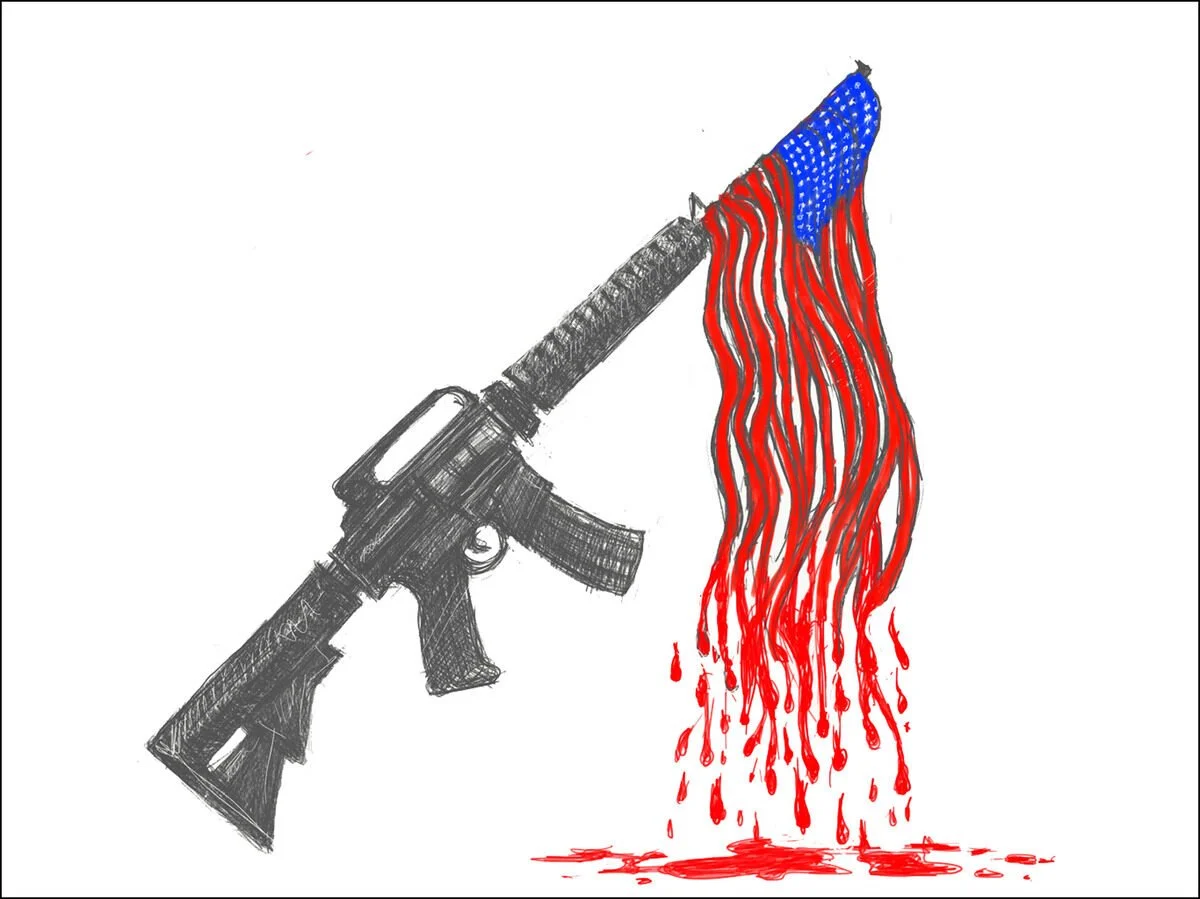 A drawn illustration of a rifle with an American flag on the barrel, with blood dripping from the end, creating the appearance of the flag's stripes.
