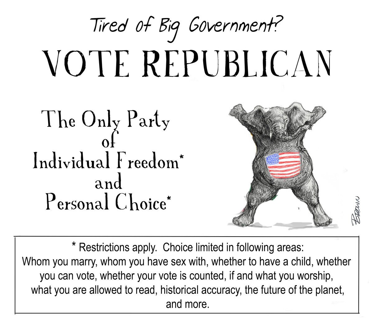 Illustration of an elephant with a United States flag painted on its back, accompanied by political and freedom-related slogans and disclaimers.