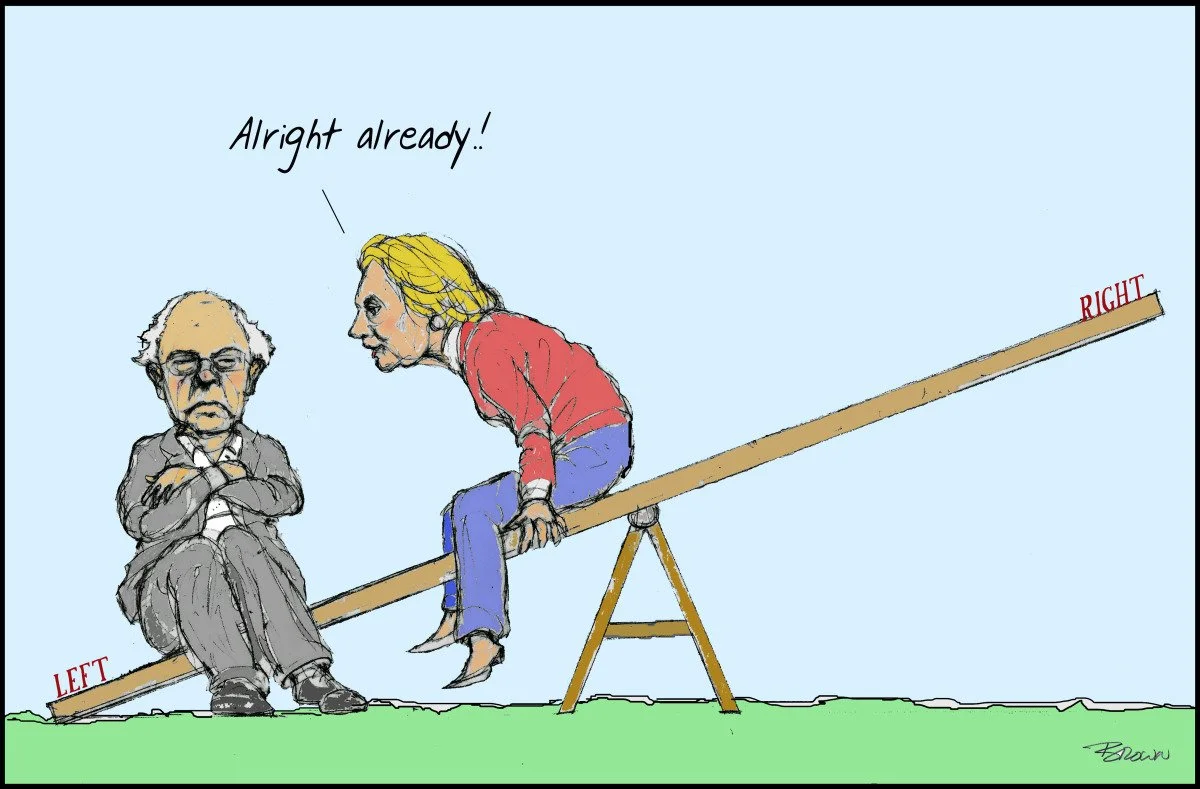A cartoon of two people sitting on a seesaw. The man on the left appears serious, with crossed arms, and the woman on the right is leaning forward, speaking, with her hand on the seesaw. The seesaw is tilted, with 'LEFT' label on the left end and 'RI