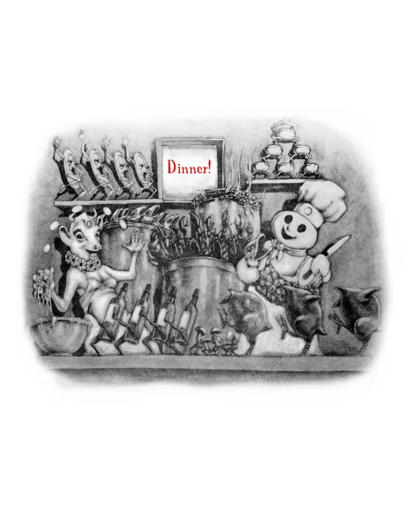 A humorous cartoon drawing of animals and anthropomorphic objects preparing for dinner. It features dogs dressed as a chef, cats, mice, and other creatures in a kitchen setting with various food items. There is a sign saying "Dinner!" in the backgrou