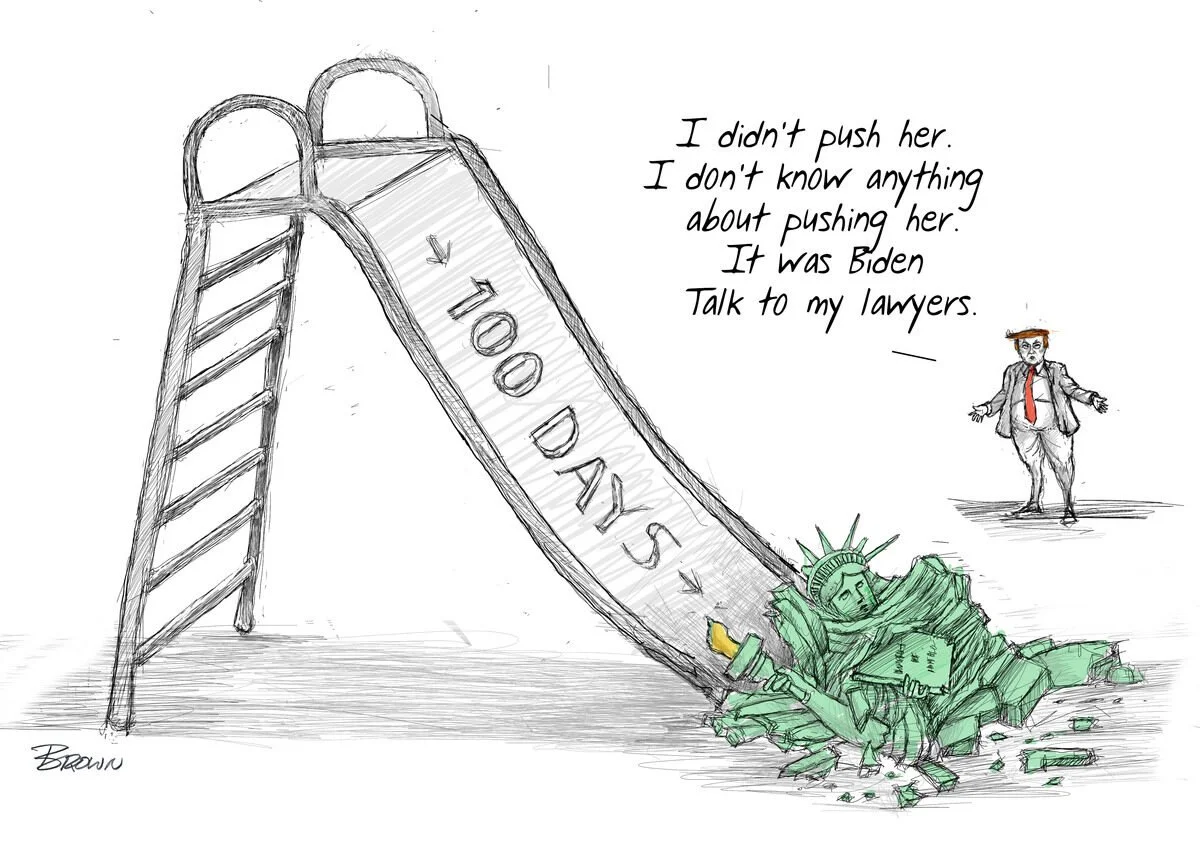A sketch of a playground slide with the words "100 DAYS" on it, collapsing and crushing the Statue of Liberty. A man in a suit and red tie stands nearby with outstretched arms, speaking. The drawing has a political message.