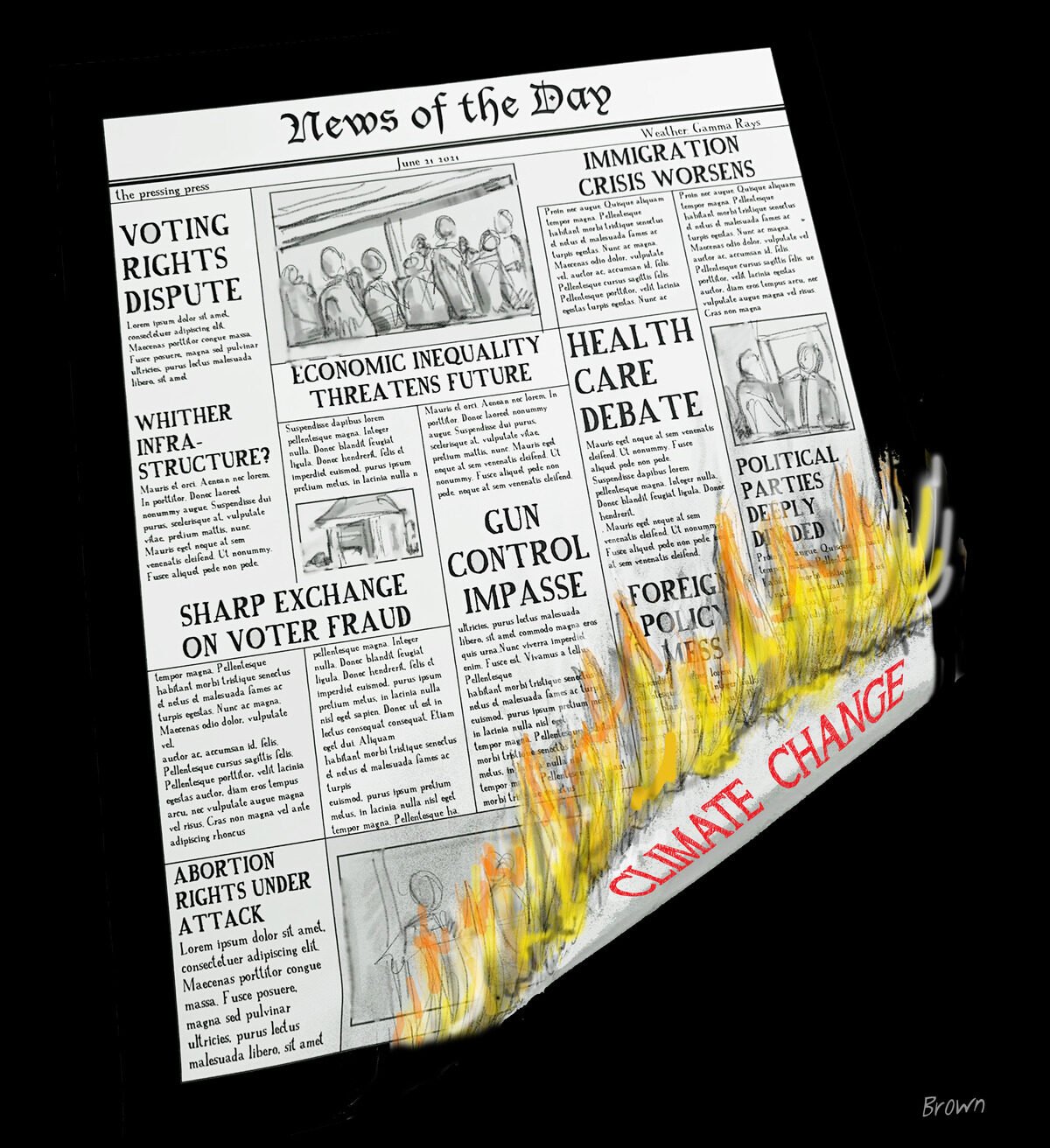 A newspaper titled 'News of the Day' with headlines about voting rights, infrastructure, economic inequality, health care, and political parties. The newspaper is on fire at the bottom, with flames and smoke, and the words 'CLIMATE CHANGE' written in