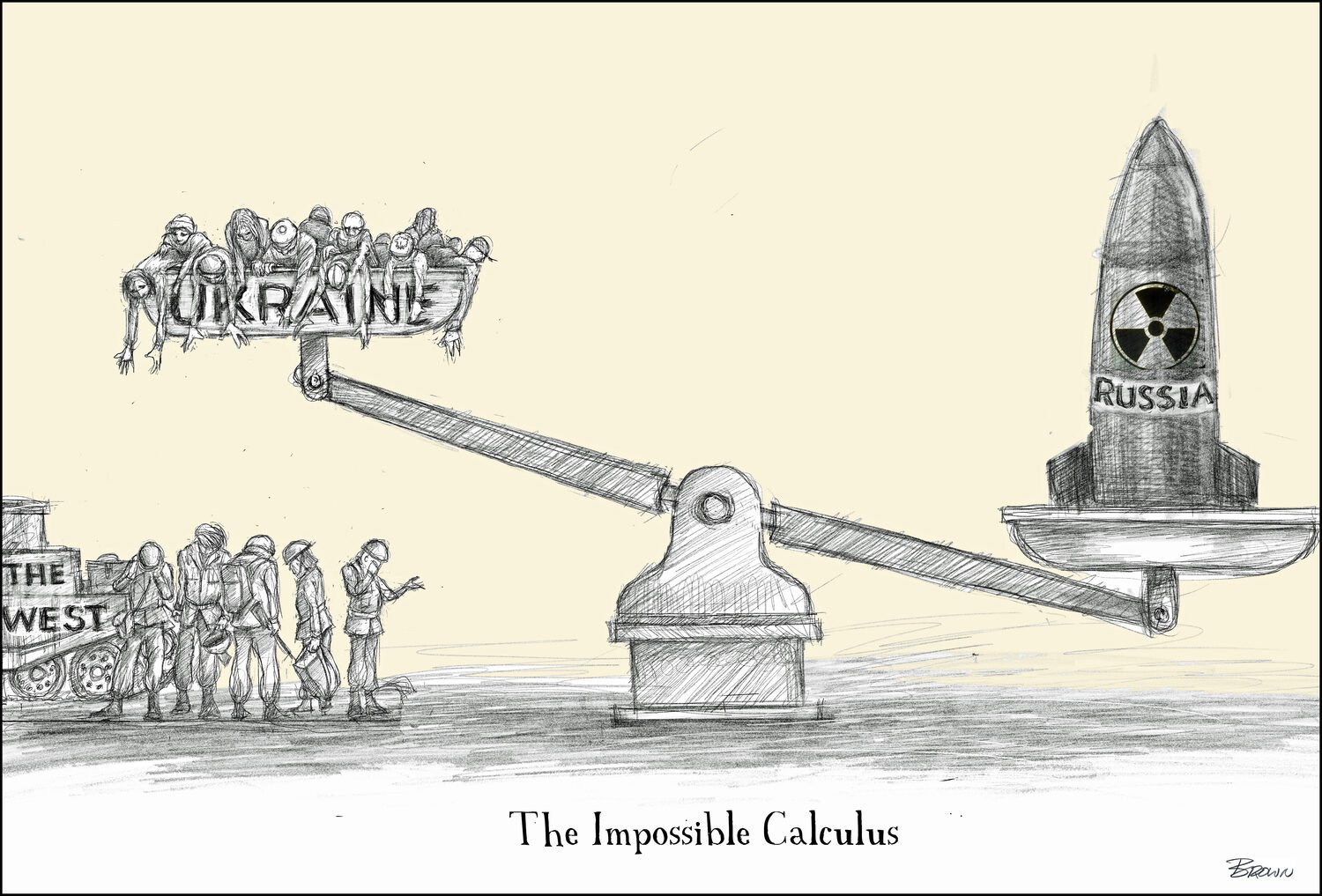 A sketch of a seesaw with a group of people labeled 'Ukraine' on one side and a missile labeled 'Russia' on the other side, balancing the seesaw and titled 'The Impossible Calculus.'