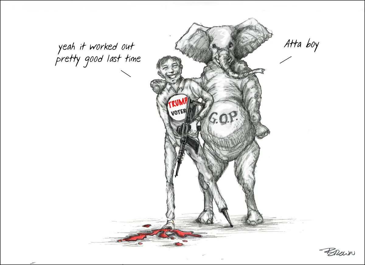 A political cartoon depicting a young man with a 'Trump Voter' badge, holding a rifle and standing next to an elephant representing the GOP, with a bloody footstep on the ground.