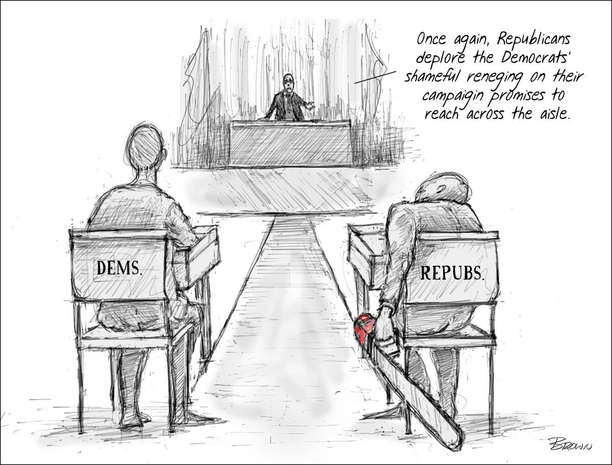A political cartoon depicting two political figures sitting in a courtroom with labels 'DEMS.' and 'REPUBS.' on their chairs. The figure labeled 'REPUBS.' is holding a chainsaw. A judge or speaker is at the front, saying, 'Once again, Republicans dep