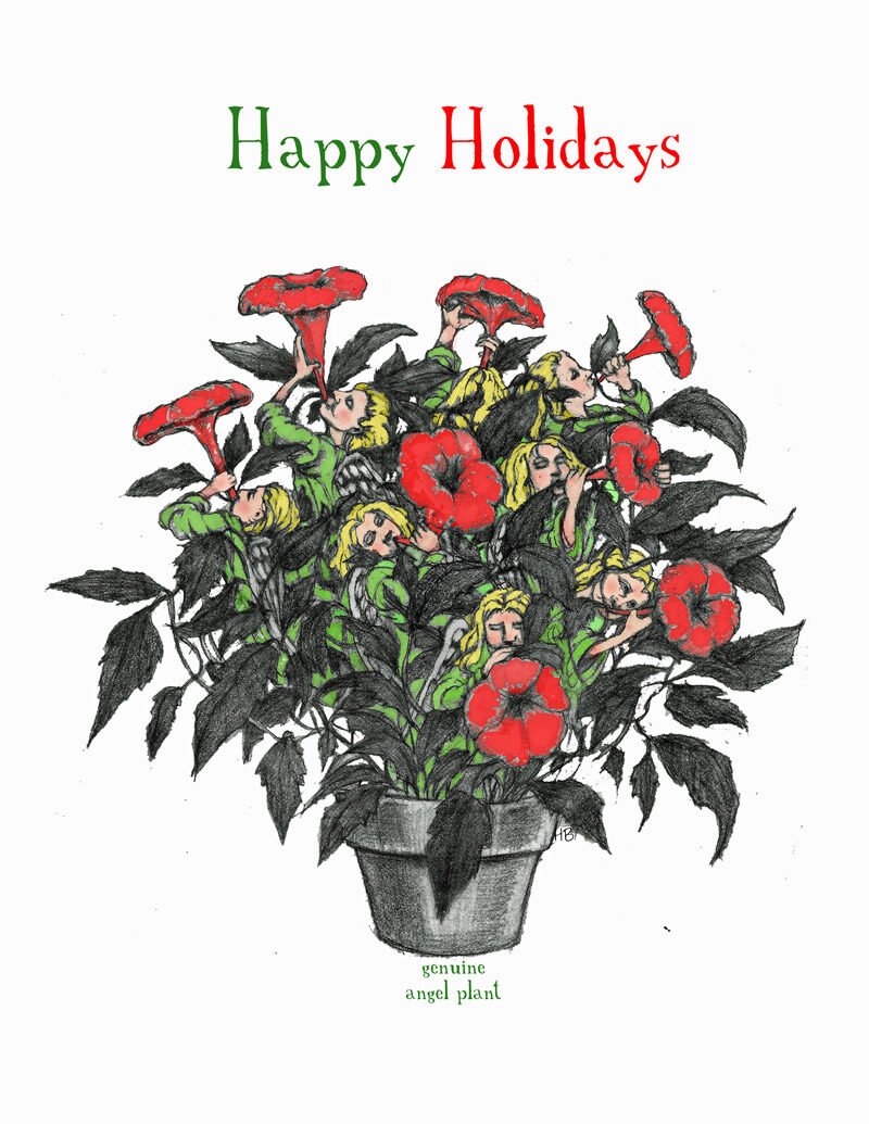 A holiday greeting card featuring a flower pot with animated angel figures among red and black flowers, with the text 'Happy Holidays' at the top and 'genuine angel plant' at the bottom.