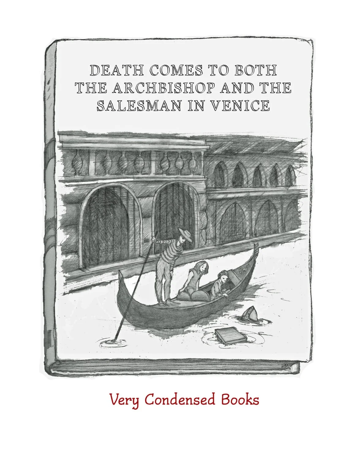 Illustration of a book cover titled "Death Comes to Both the Archbishop and the Salesman in Venice" featuring a sketch of a gondola with three people, one standing and two sitting, on a canal in Venice with a classical building in the background.