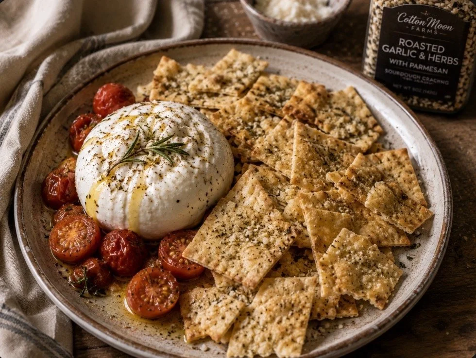 A plate of roasted cherry tomatoes, burrata cheese garnished with rosemary, and crispy flatbread crackers seasoned with herbs.