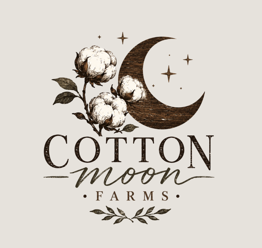 Logo for Cotton Moon Farms featuring cotton flowers, a wooden crescent moon, stars, and the farm name in stylized text
