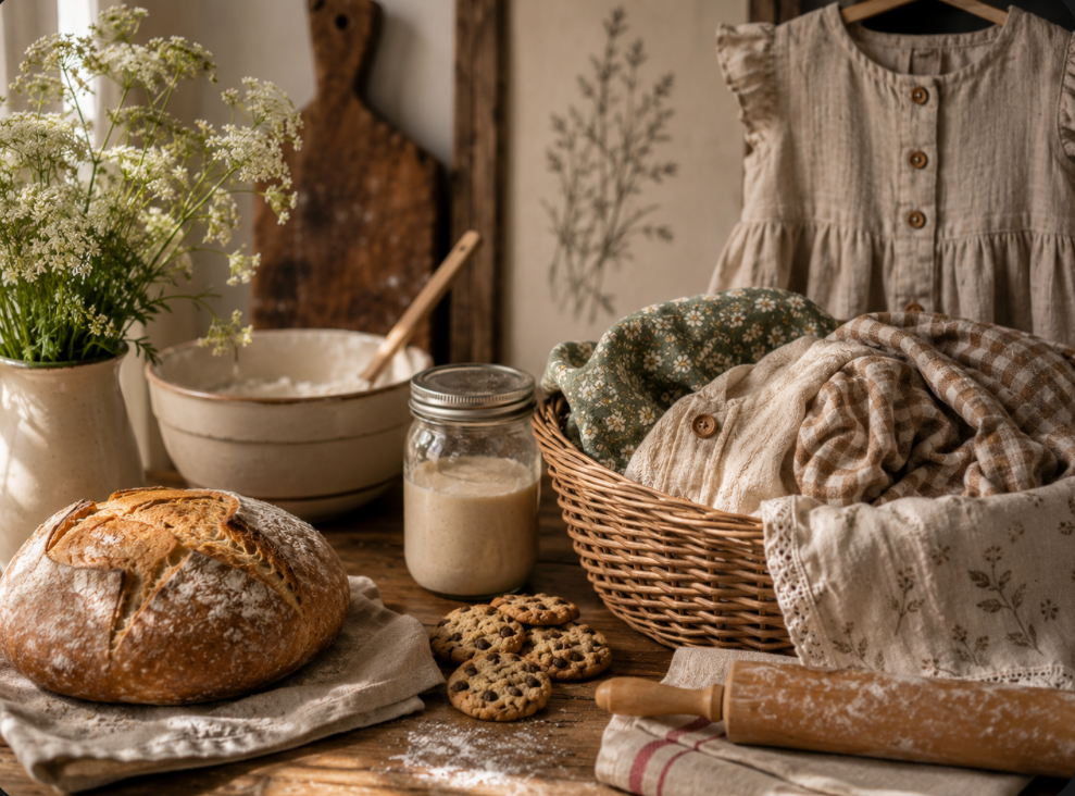 A rustic table setup with a loaf of bread, cookies, a jar of cream, a bowl with a wooden spoon, a cutting board, a rolling pin, a basket of folded vintage-style fabrics, a vase of white flowers, and a bottle of flour, with a background of vintage decor and a linen dress.