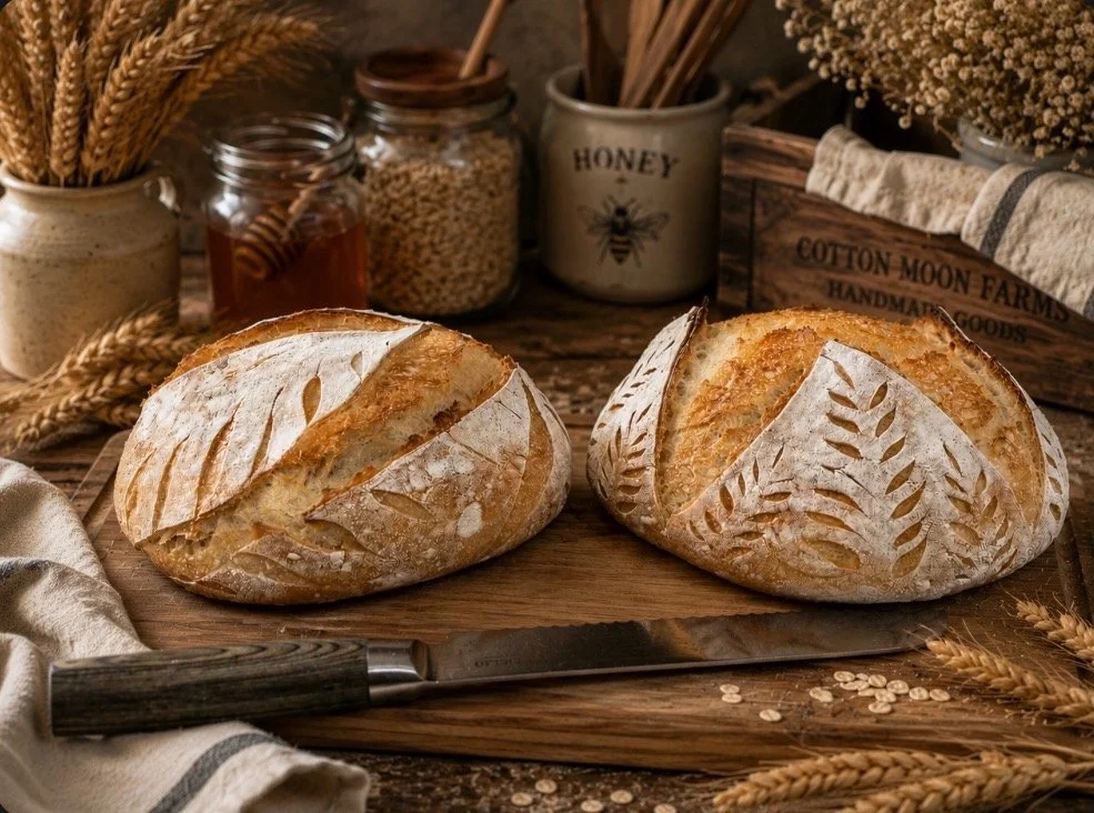 Two loaves of rustic bread on a wooden board, surrounded by wheat stalks, jars of honey and grains, and linen cloths, in a cozy kitchen setting.