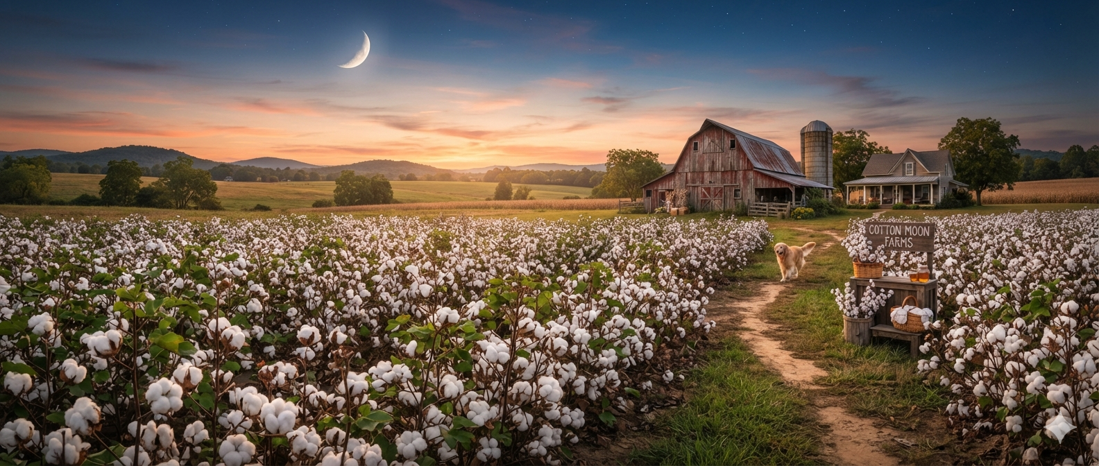 A cotton farm at sunset with rows of cotton plants, a rustic barn, a house, a silo, and a dog on a dirt path. A sign reading 'Cotton Moon Farms' is displayed near the path.