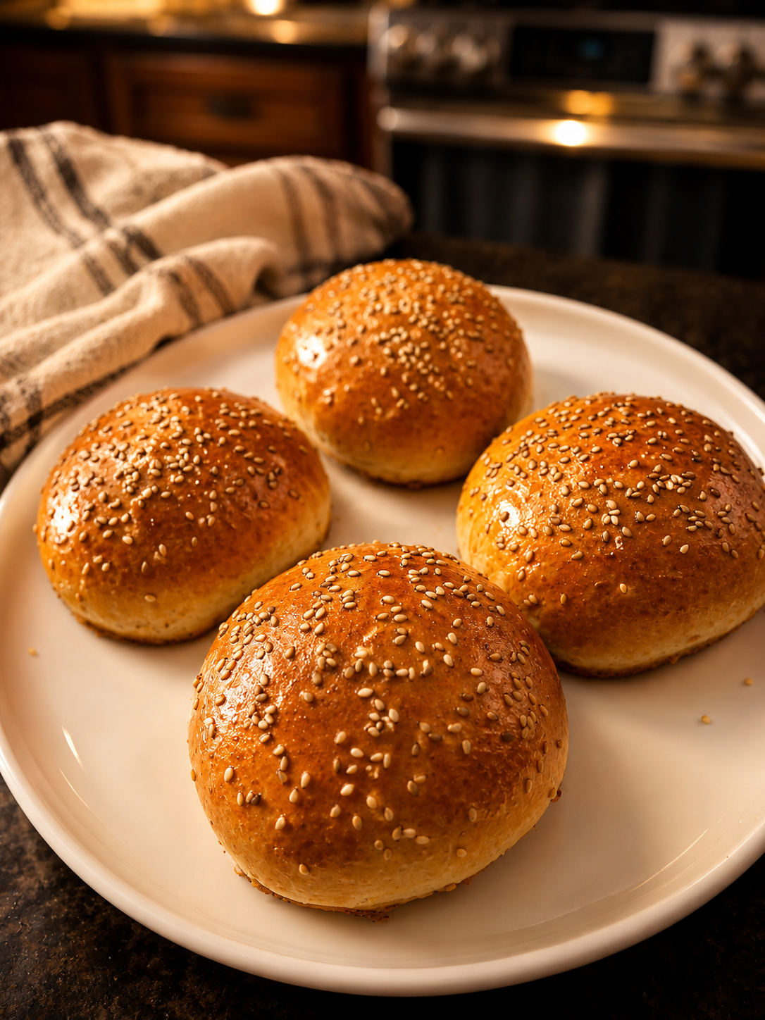 Four round sesame seed buns on a white plate, with a checkered kitchen towel near the plate in a kitchen setting.