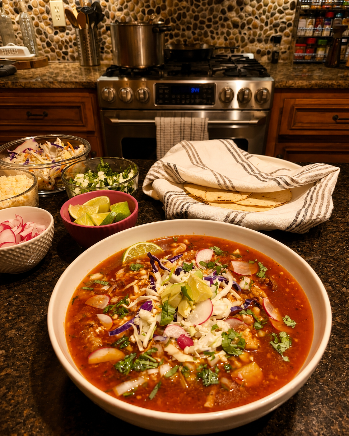 Bowl of Mexican soup garnished with lime, radishes, and cilantro on a kitchen countertop, with bowls of chopped vegetables, limes, and tortillas nearby.
