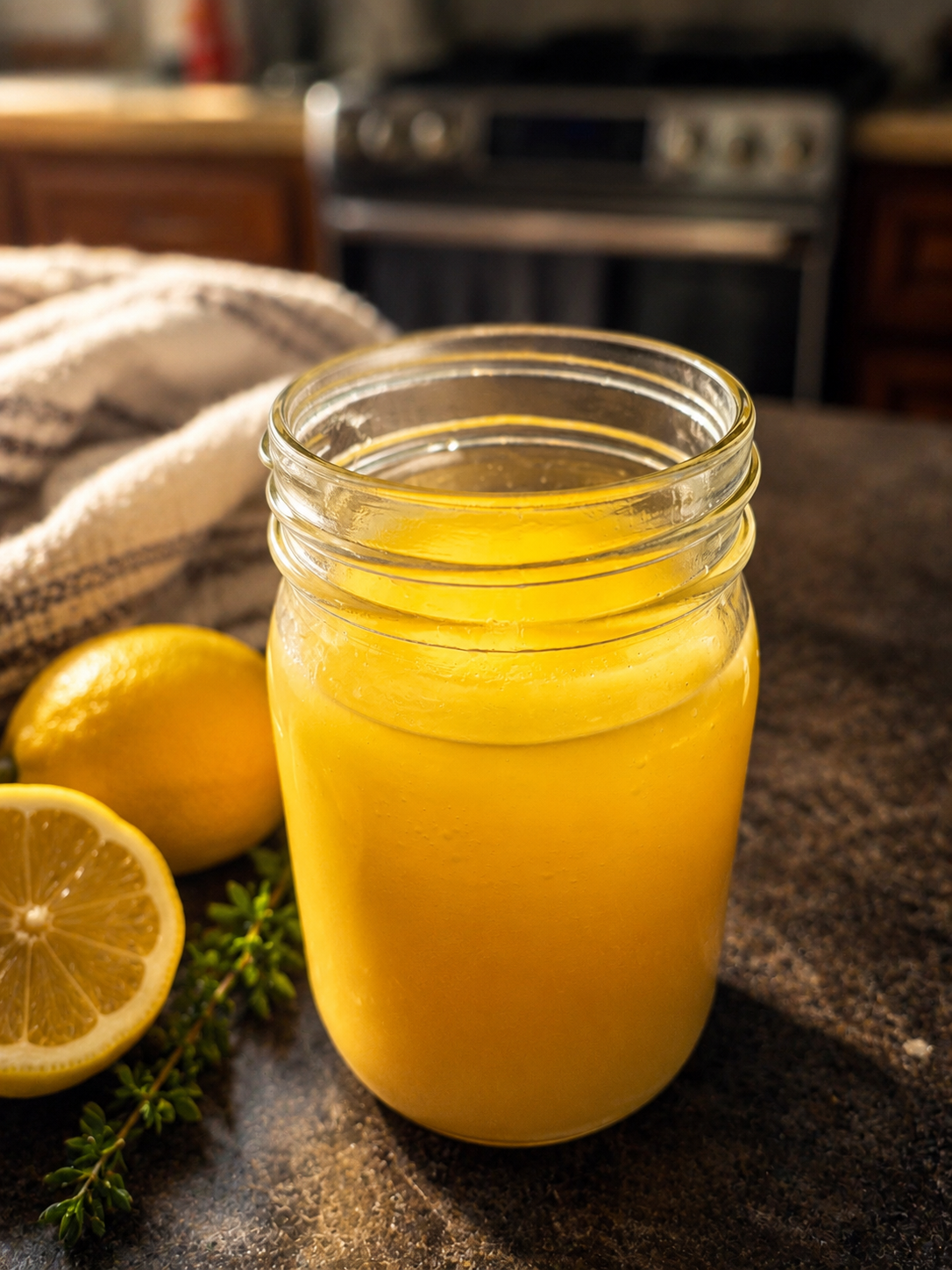 A jar of fresh lemonade on a kitchen countertop with lemons and a sprig of herbs nearby.