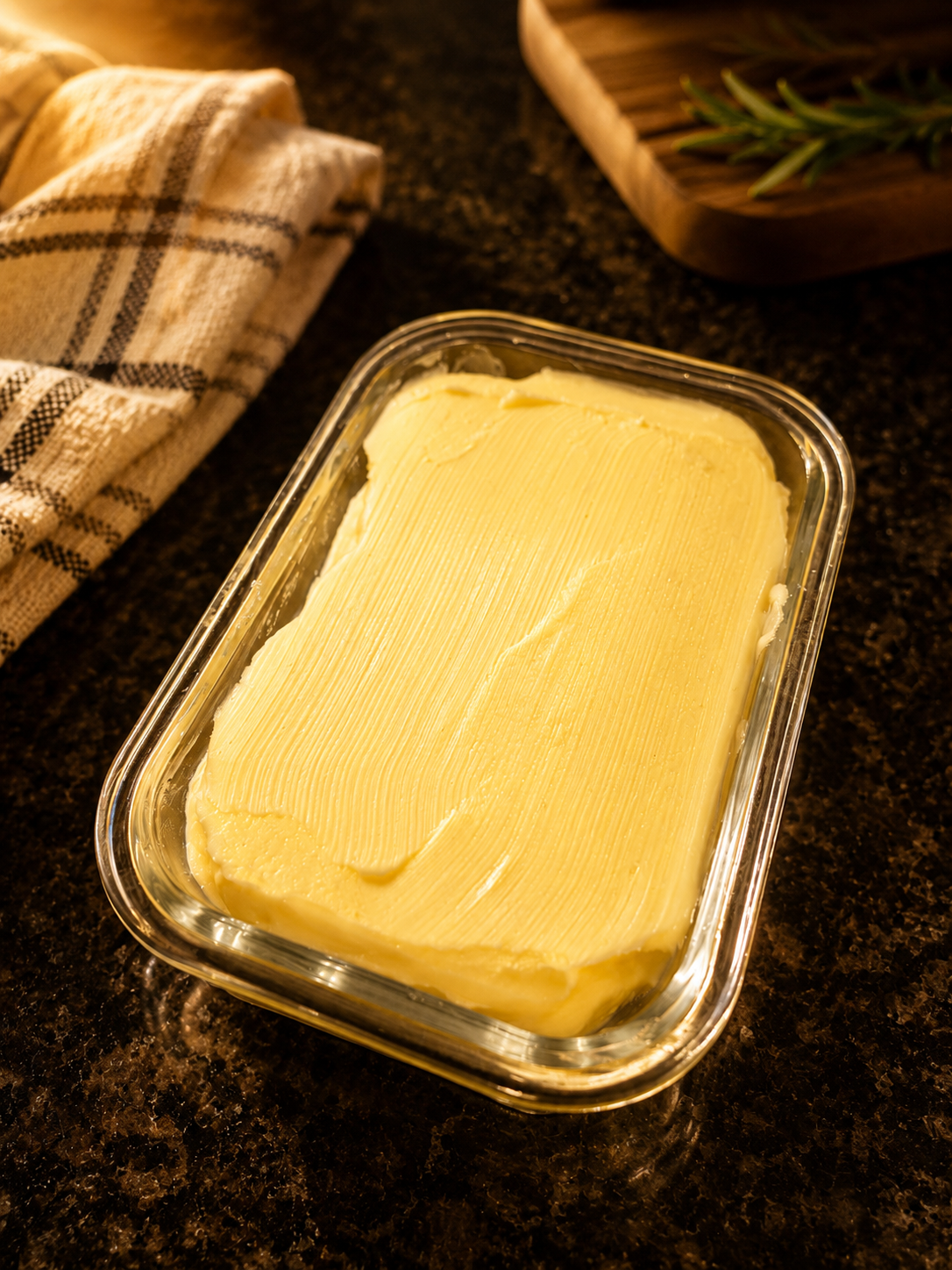 A glass dish filled with butter on a dark countertop, with a checked cloth towel and a cutting board with herbs nearby.