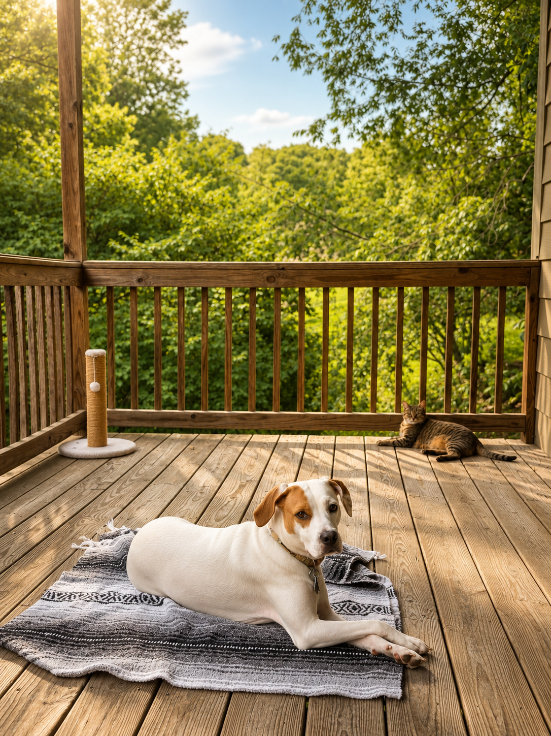 A dog lying on a blanket on a wooden porch, with a cat resting on the porch railing, surrounded by green trees under a partly cloudy sky.