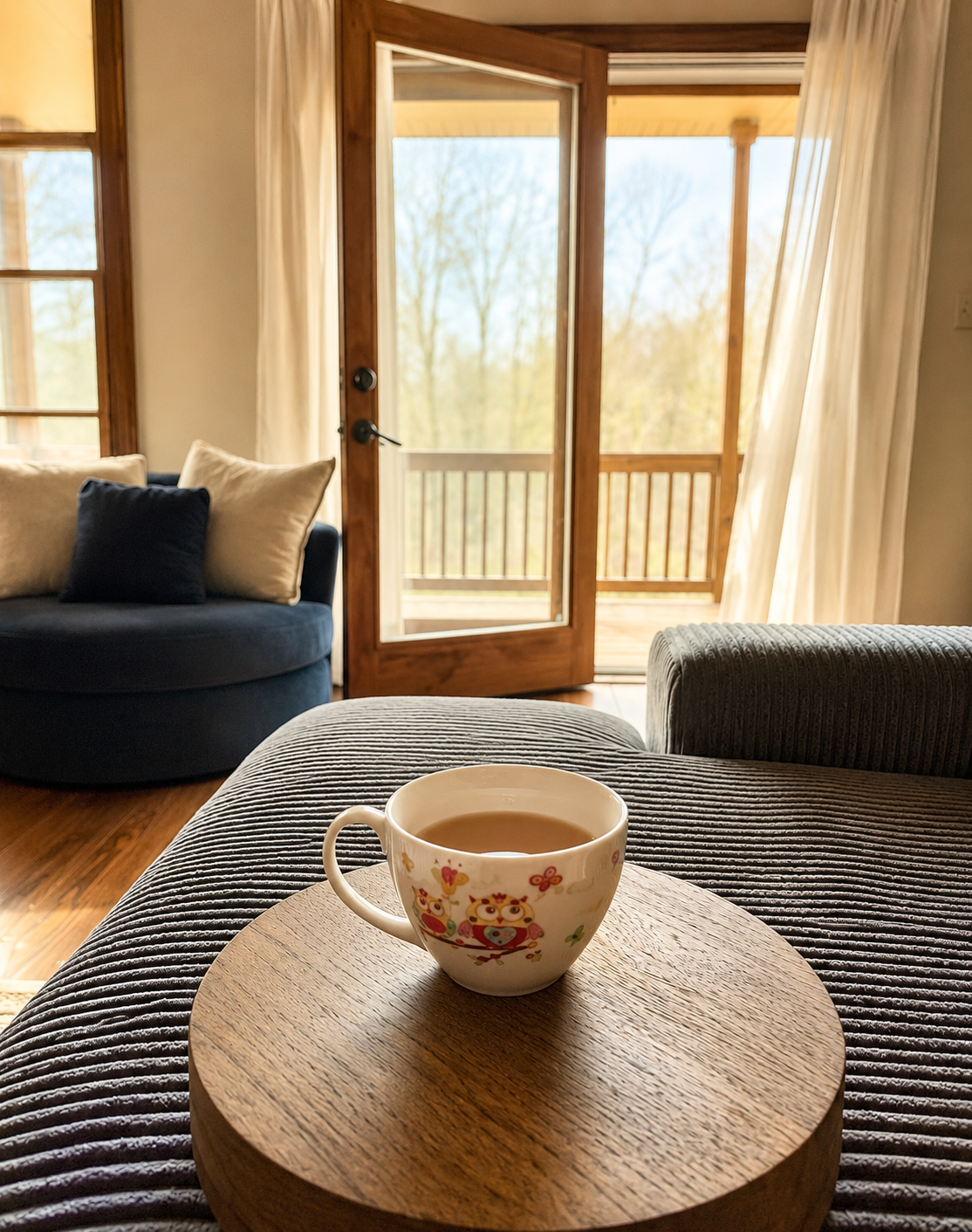 A cozy living room with a cup of tea on a wooden tray on a striped couch, open door leading to a balcony with trees outside, curtains and sofa with cushions.