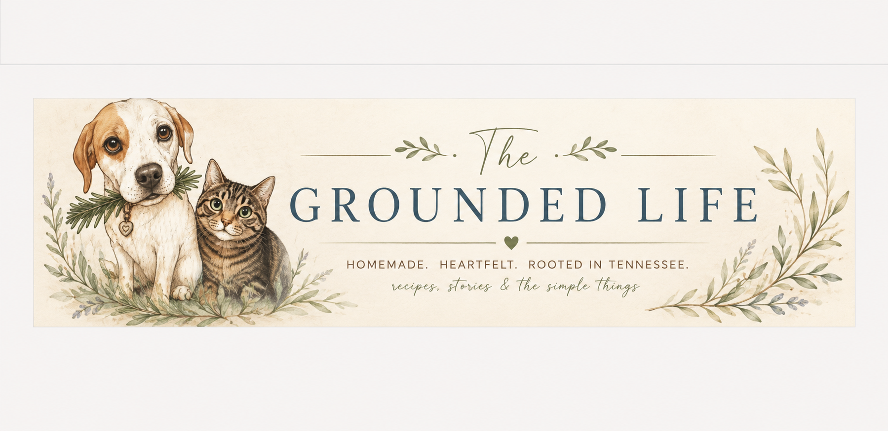 Illustration of a dog and a cat surrounded by green foliage, with the text 'The Grounded Life, homemade, heartfelt, rooted in Tennessee, recipes, stories & the simple things.'