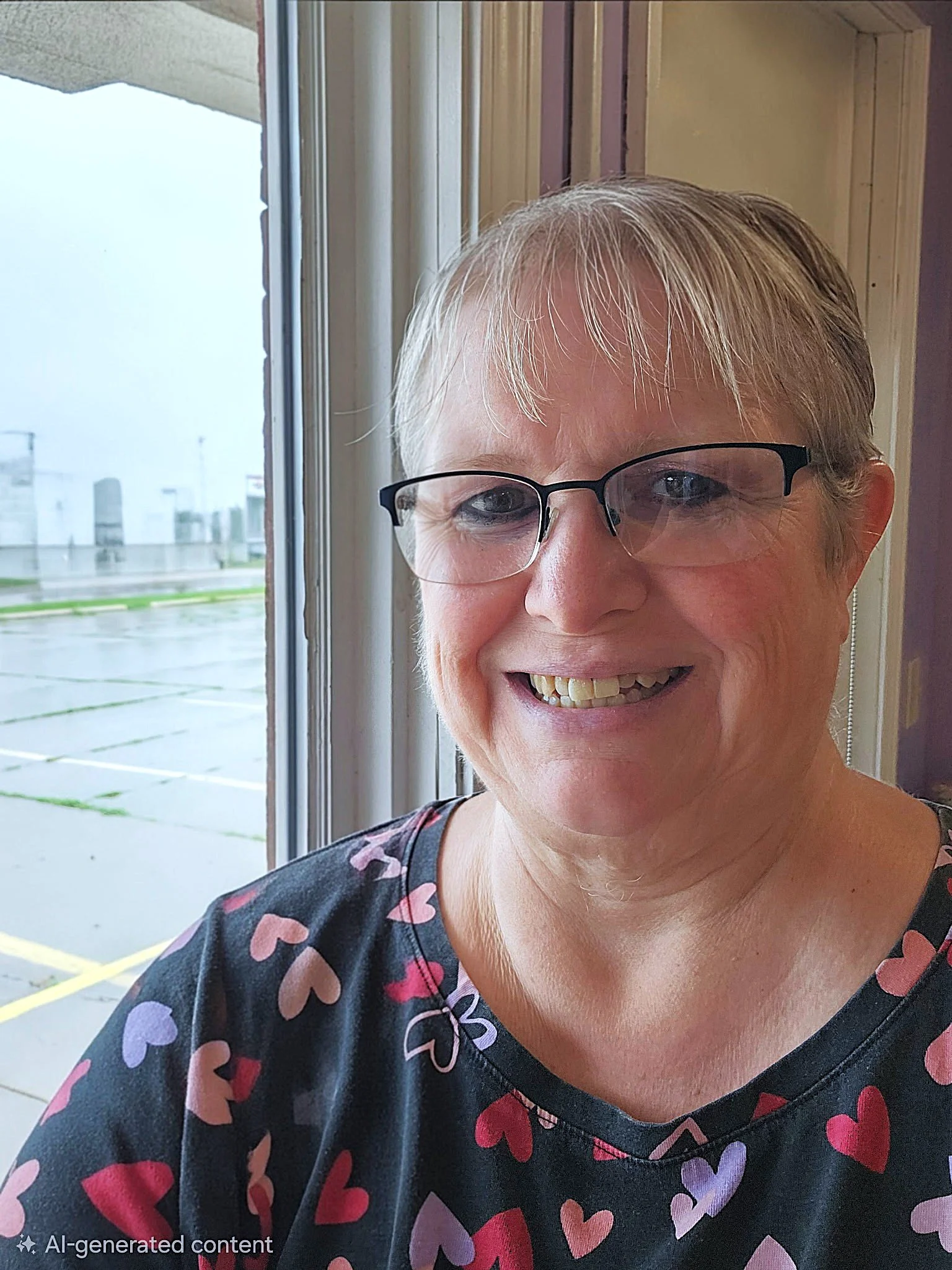 Close-up of a smiling woman with short gray hair, wearing glasses and a purple patterned top, standing outdoors in front of a white wooden wall.