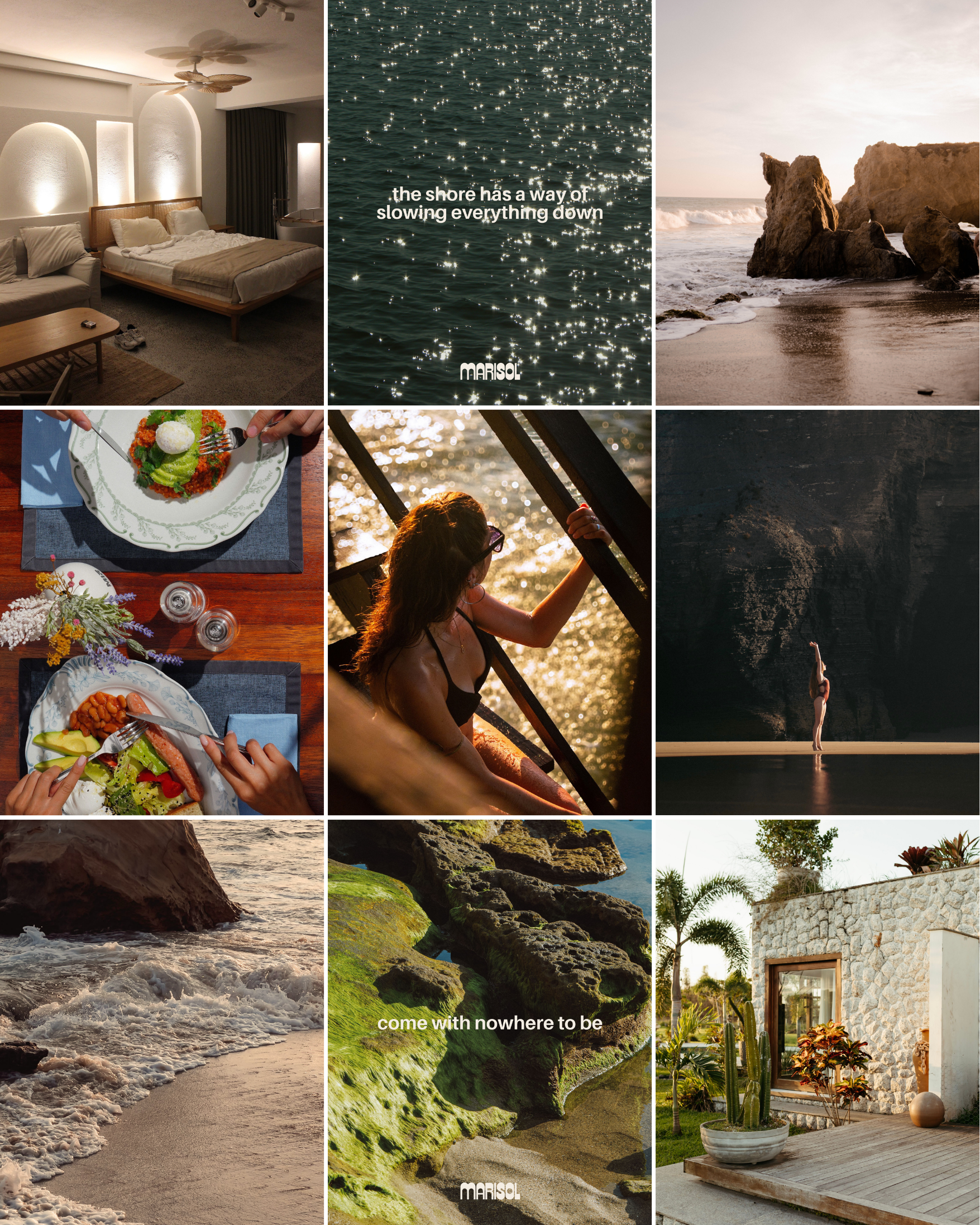 A collage of various scenes featuring a bedroom, a calm ocean with sunlight reflecting on the surface, a rocky beach with large stones, a perfectly plated meal with vegetables and seafood, a person, rugged green moss-covered rocks near the water, a sunset over a stone house patio with plants, and a quote that says 'the shore has a way of slowing everything down' and 'come with nowhere to be'.