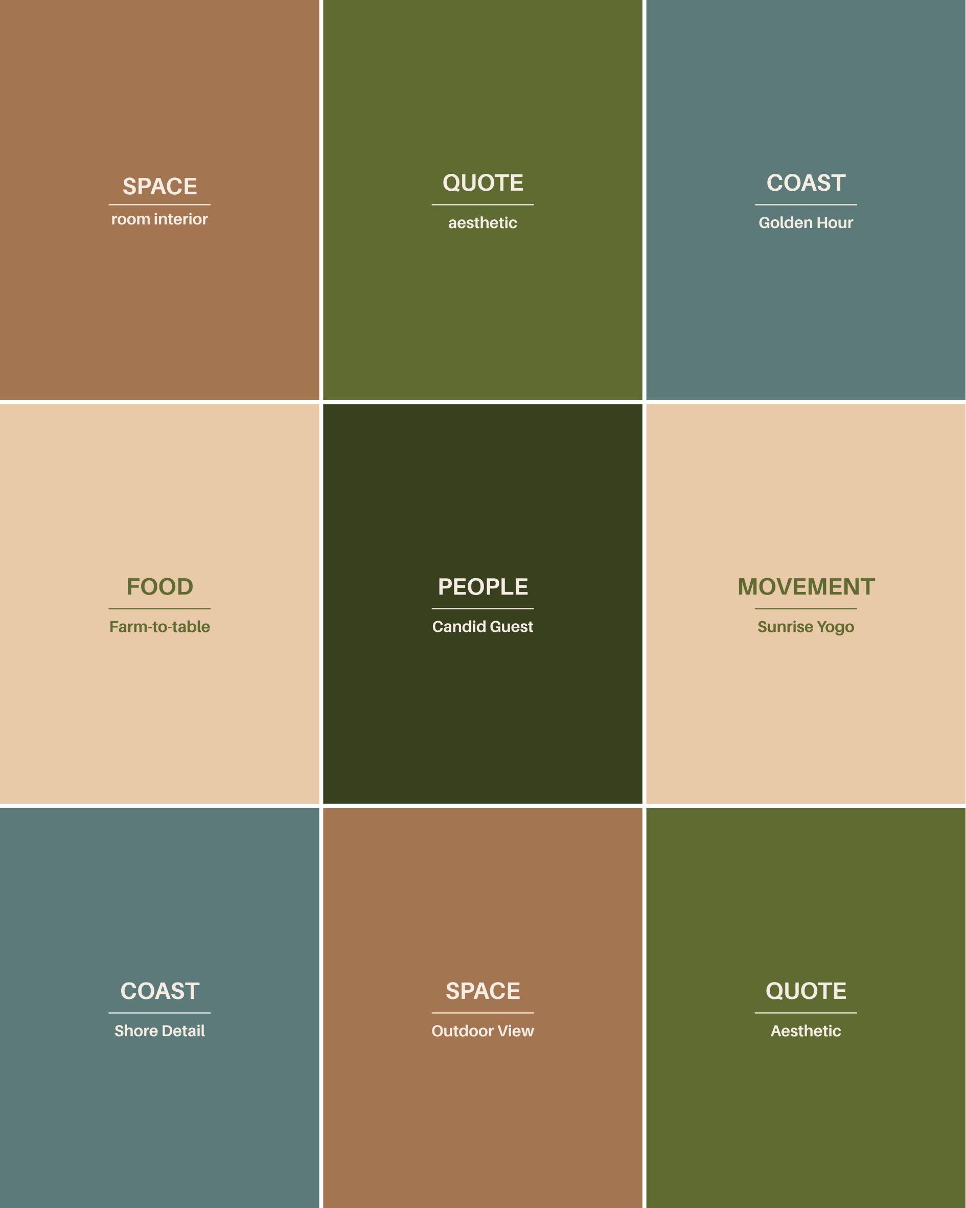 A grid layout of nine colored blocks, each containing text about design themes. The top row includes 'SPACE' with 'room interior,' 'QUOTE' with 'aesthetic,' and 'COAST' with 'Golden Hour.' The middle row features 'FOOD' with 'Farm-to-table,' 'PEOPLE' with 'Candid Guest,' and 'MOVEMENT' with 'Sunrise Yoga.' The bottom row has 'COAST' with 'Shore Detail,' 'SPACE' with 'Outdoor View,' and 'QUOTE' with 'Aesthetic.' The blocks are in shades of brown, green, beige, and blue.