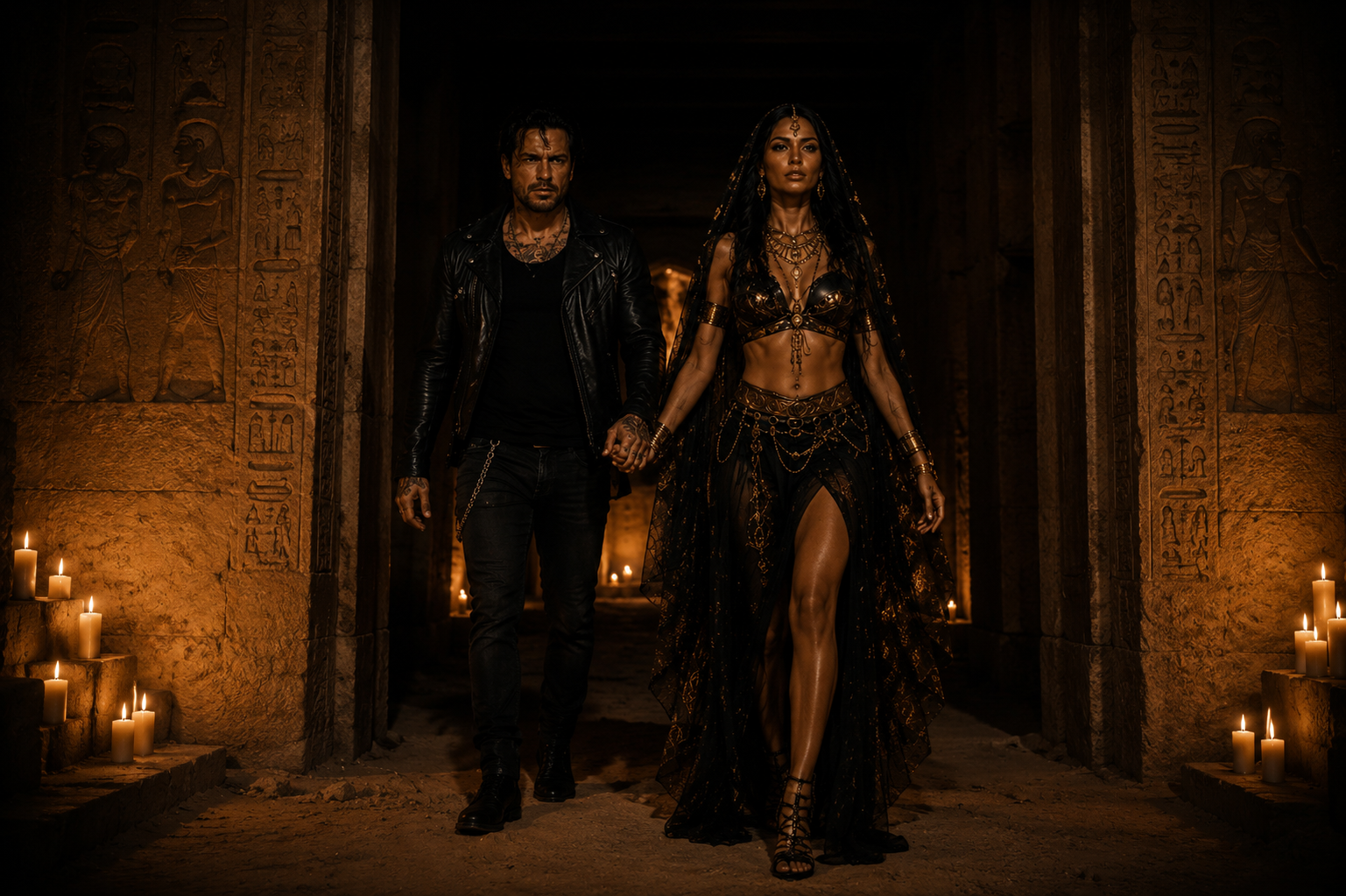 Ghost Town Criers frontman Adam Shaw and the mystery woman walking through ancient Egyptian-style papyrus-lit corridor, holding hands, from the music video of the song 'Her Expanse'.
