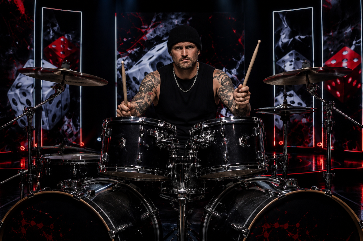 Ghost Town Criers drummer Pete Haskins drumming in the studio as part of the music video for the song 'Rolled These Dice'.