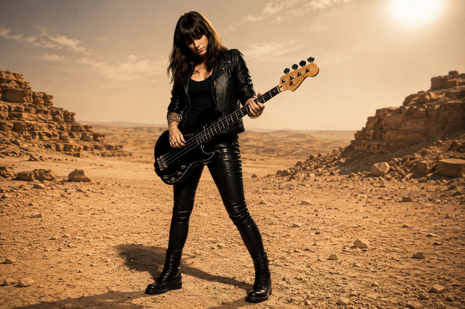Violet Black of the Ghost Town Criers playing a bass guitar standing in the Egyptian desert landscape from the music video of the song 'Her Expanse'.