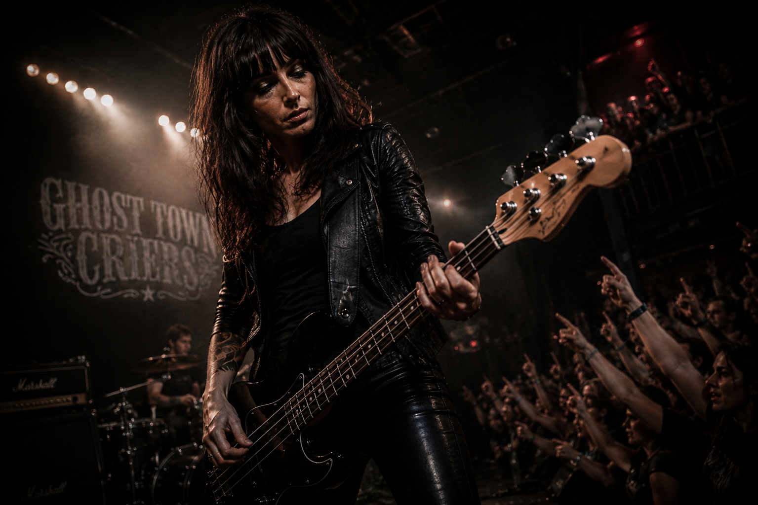 Ghost Town Criers bassist Violet Black playing bass at a live rock concert.
