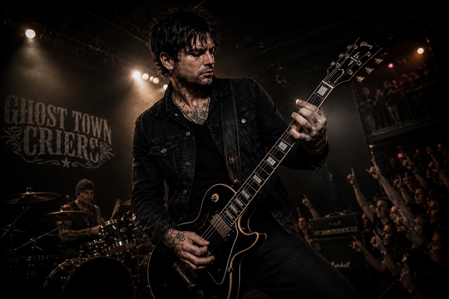 Ghost Town Criers guitarist Sammy Jay performing at a live rock concert.