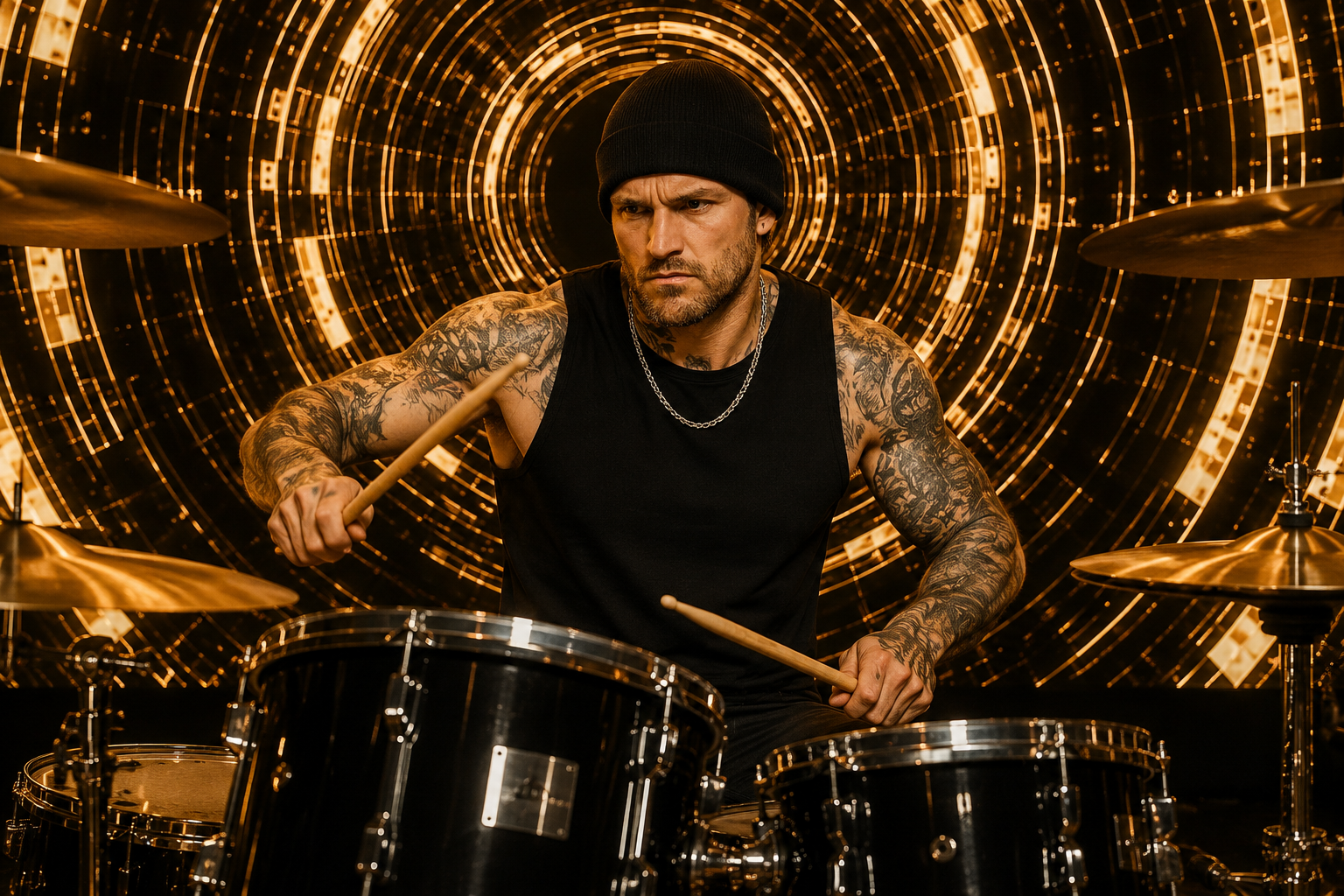 Ghost Town Criers drummer Pete Haskins drumming in the studio as part of the music video for the song 'Make It To Tomorrow'.