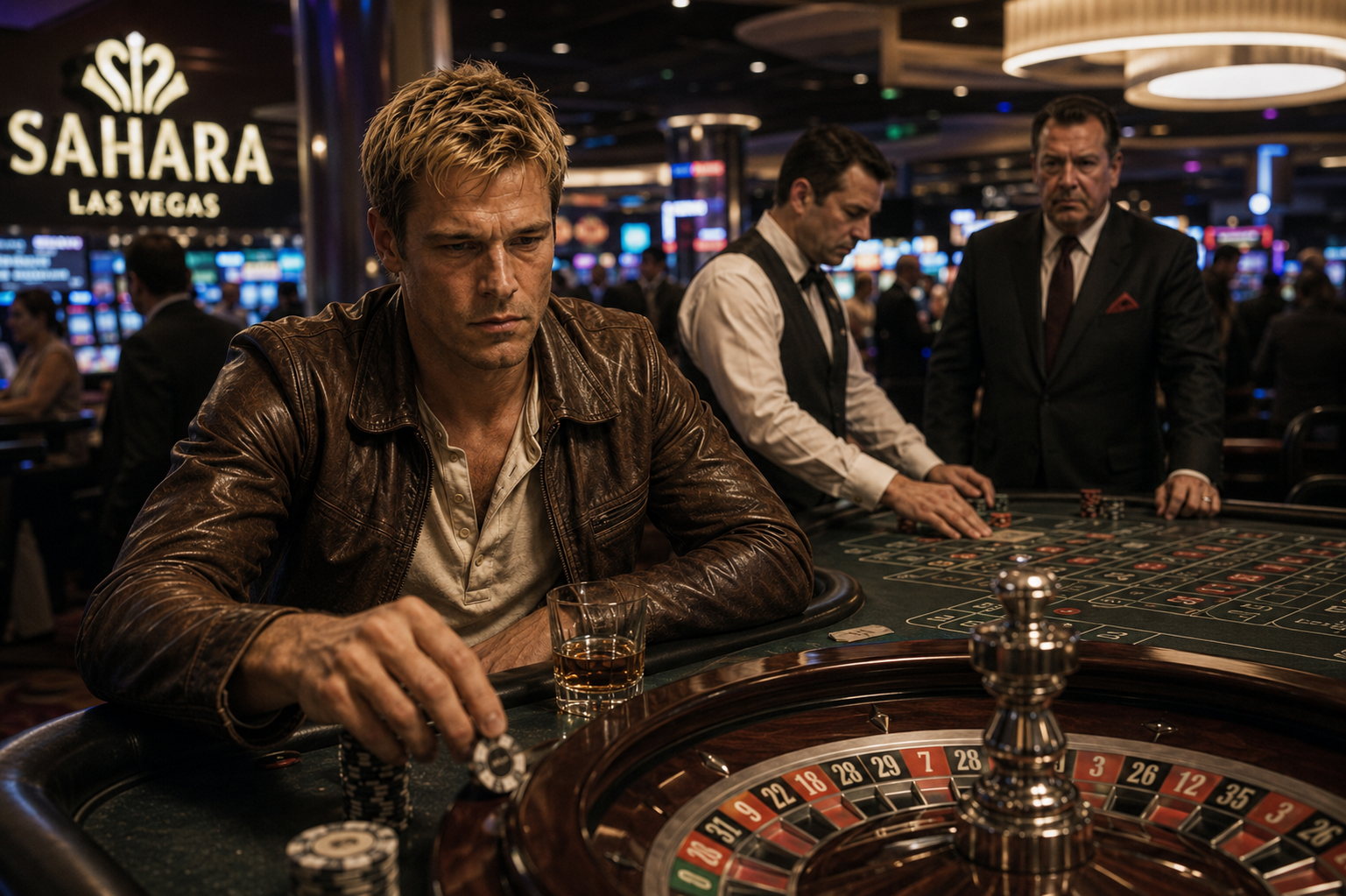 A man placing a bet at a roulette table in a casino, with two dealers in suits and a sign reading 'Sahara Las Vegas' in the background, from the music video of the song 'Rolled These Dice' by Ghost Town Criers.