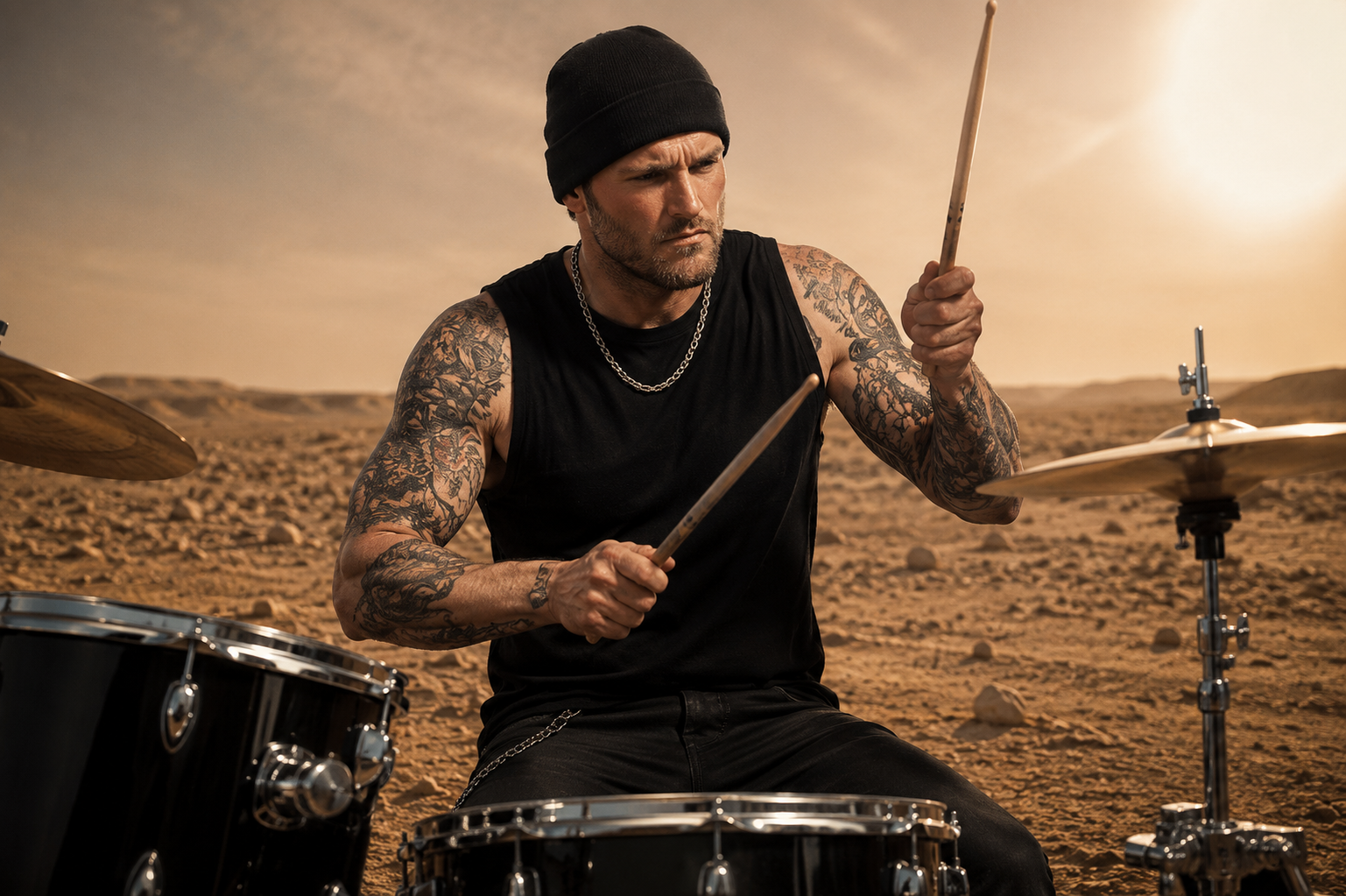 Ghost Town Criers drummer Pete Haskins drumming in the Egyptian desert as part of the music video for the song 'Her Expanse'.