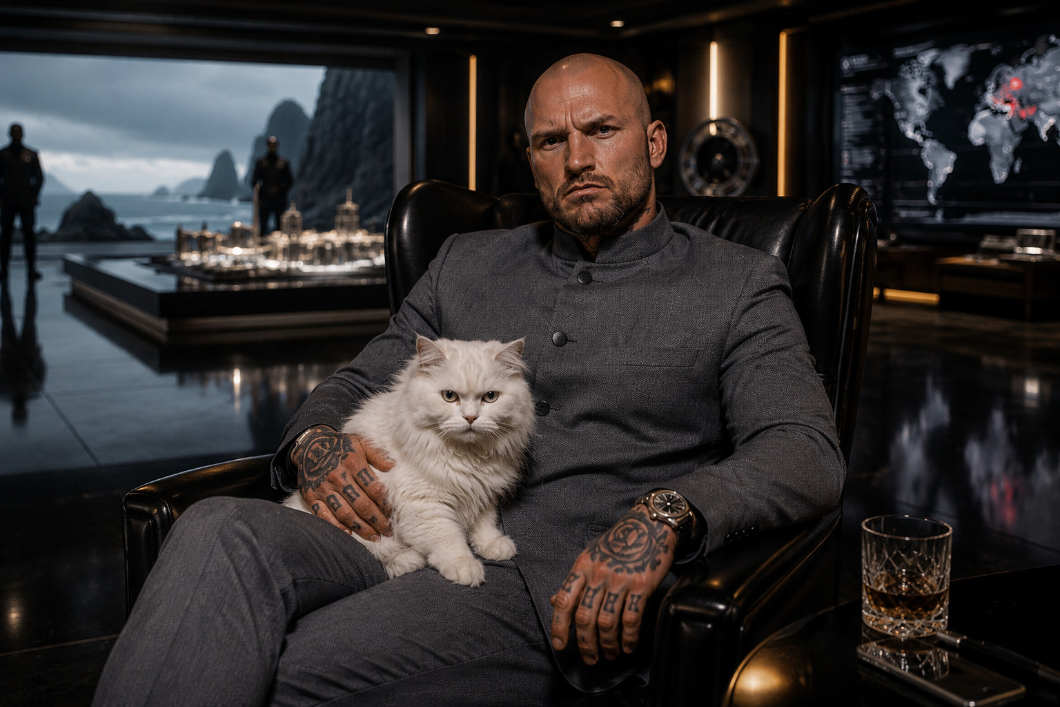Ghost Town Criers Drummer Pete Haskins in costume as a Bond villain for the music video of their song 'Make It To Tomorrow'.