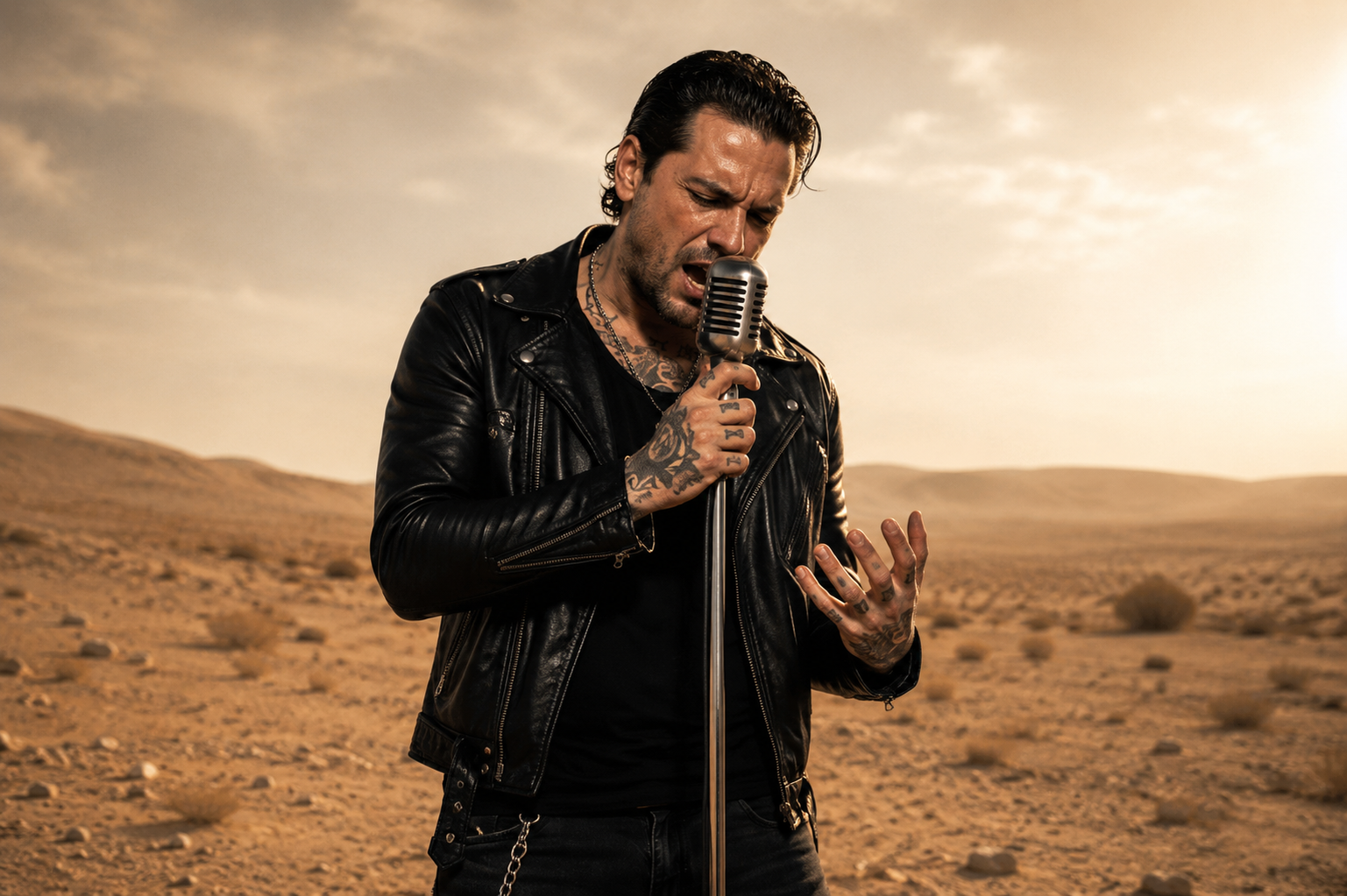 Ghost Town Criers frontman Adam Shaw singing in the Egyptian desert landscape from the music video of the song 'Her Expanse'.