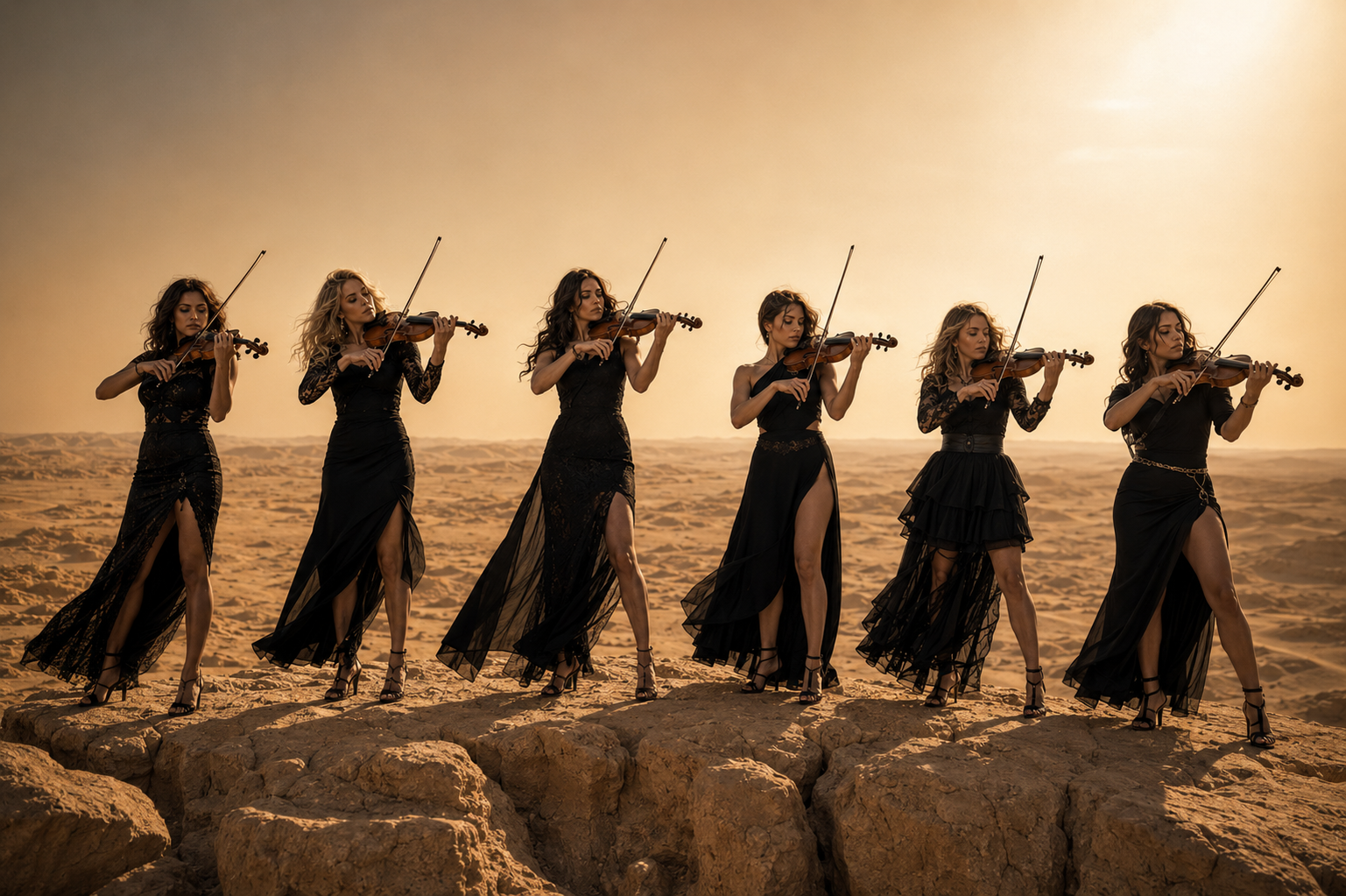 Six women playing violins in the Egyptian desert landscape from the music video of the song 'Her Expanse', by Ghost Town Criers.
