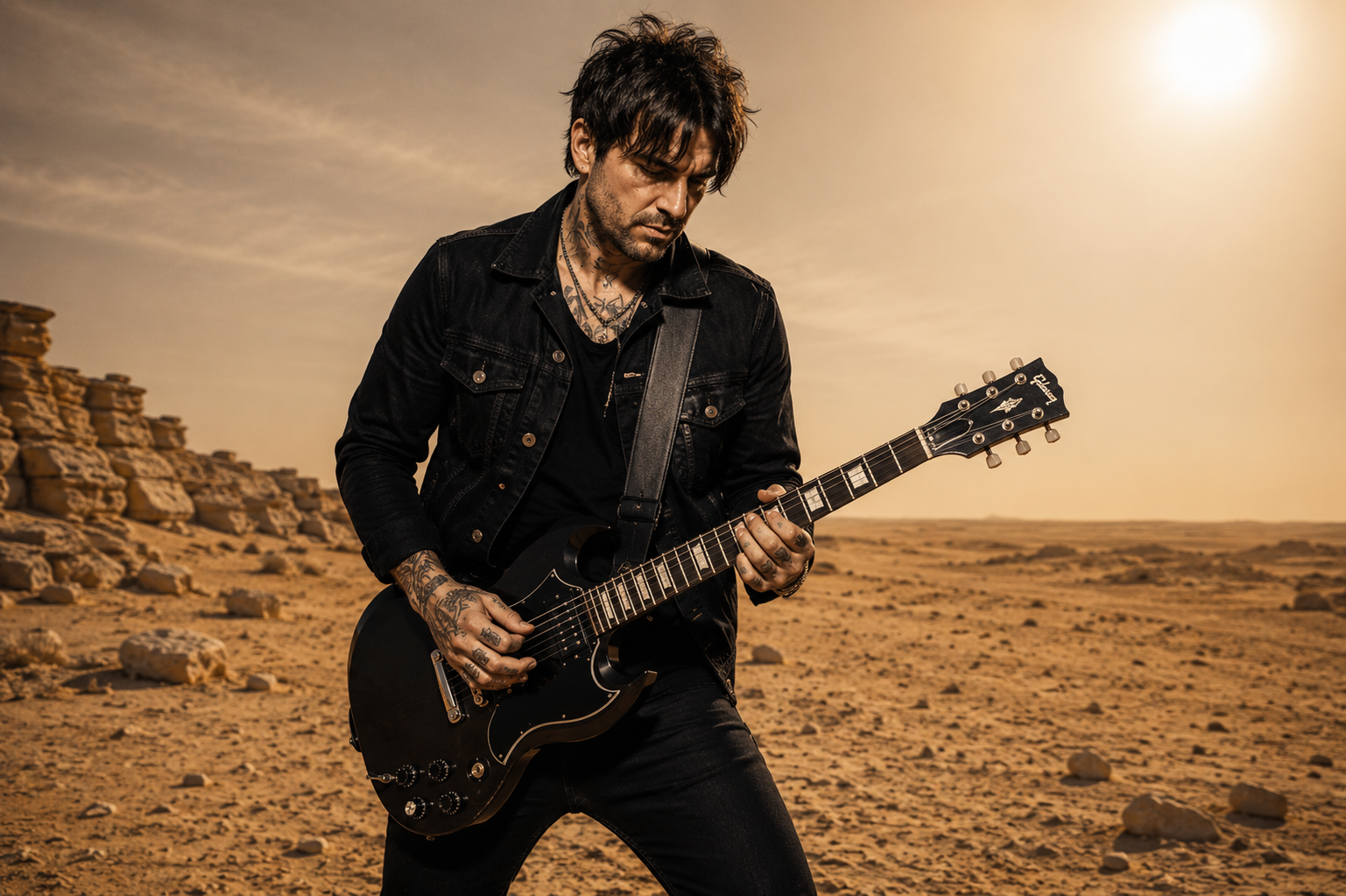 Ghost Town Criers guitarist Sammy Jay playing his guitar in the Egyptian desert landscape from the music video of the song 'Her Expanse'.
