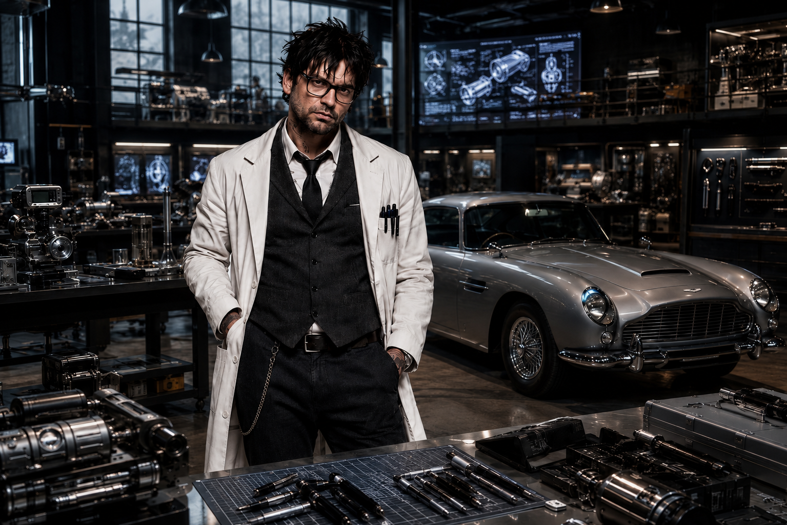 Ghost Town Criers guitarist Sammy Jay in costume as a Bond style gadget man for the music video of the song 'Make It To Tomorrow'.