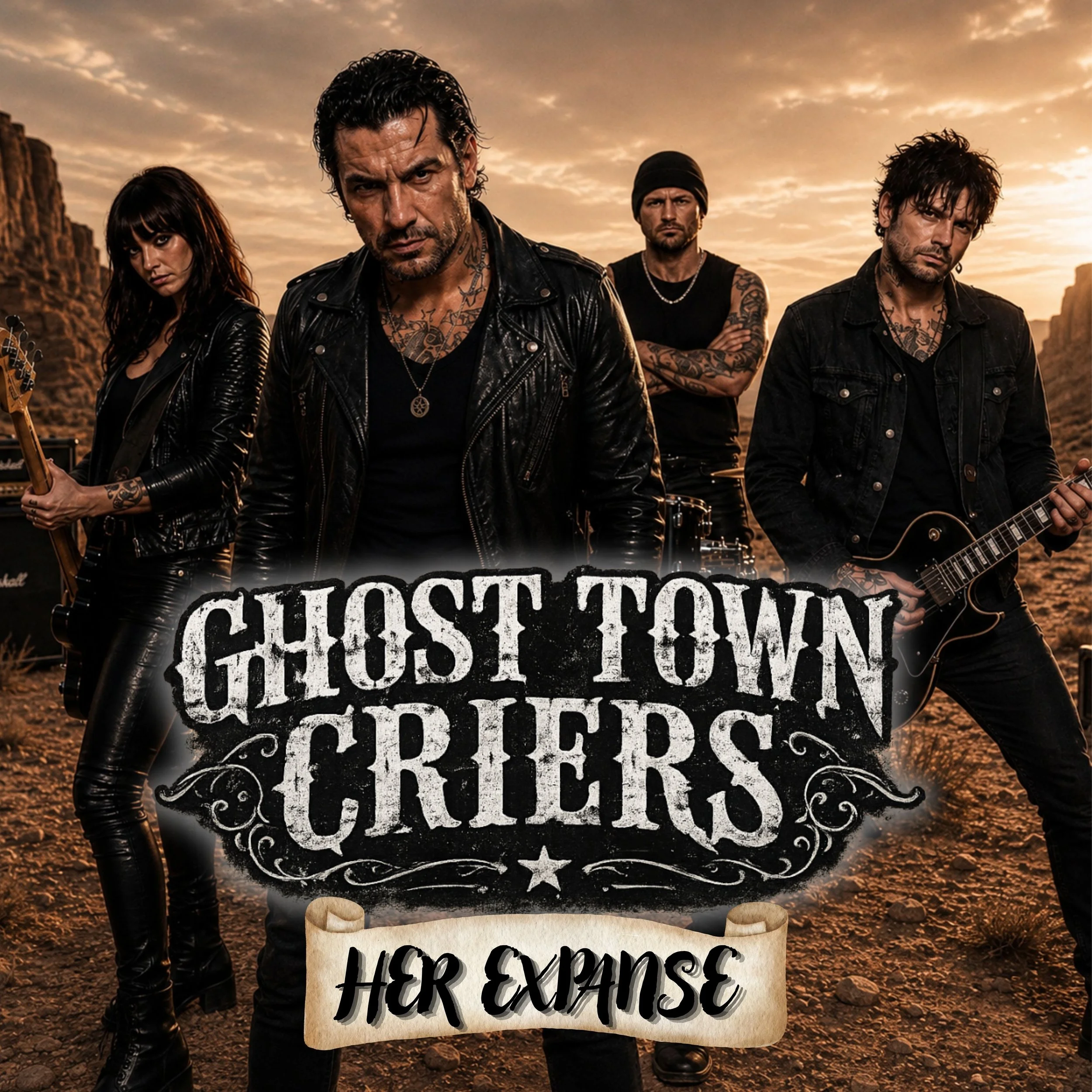 Four members rock band Ghost Town Criers, standing in the Egyptian sunset, for the official artwork of their debut single 'Her Expanse'.
