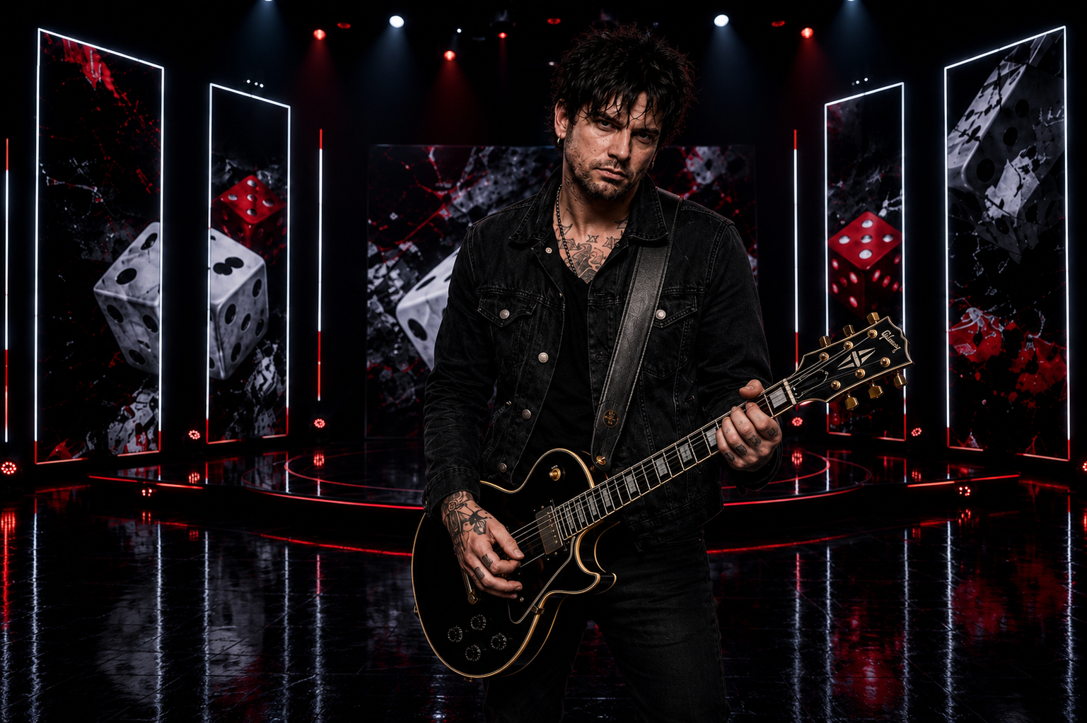 A man with tattoos and dark hair holding a black electric guitar, standing in a music stage with digital screens and red and white lighting effects featuring dice images in the background.